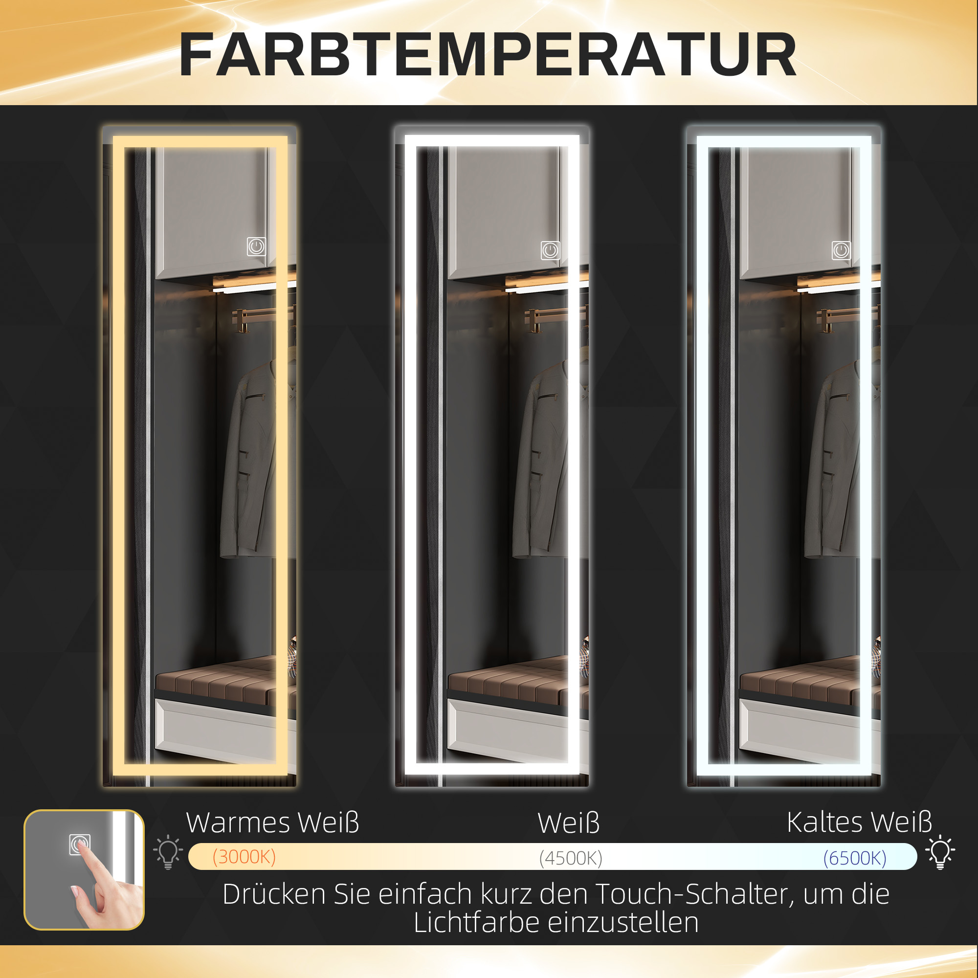Drei beleuchtete Spiegel mit unterschiedlichen Farbtemperaturen: warm, weiß und kaltweiß.