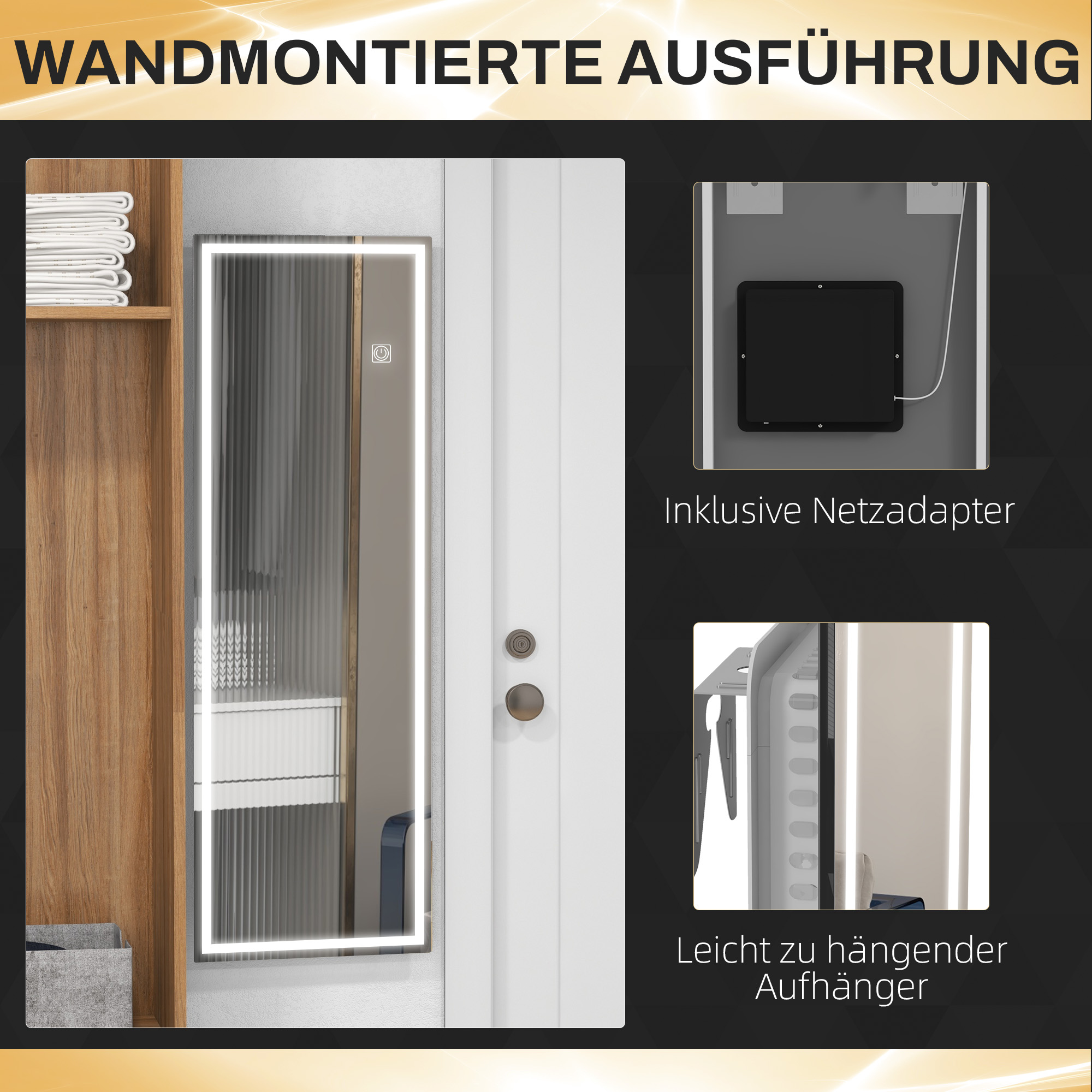 Ein Spiegel mit eingebautem Licht an einer Wand, neben einem Schrank und einem Holzregal.
