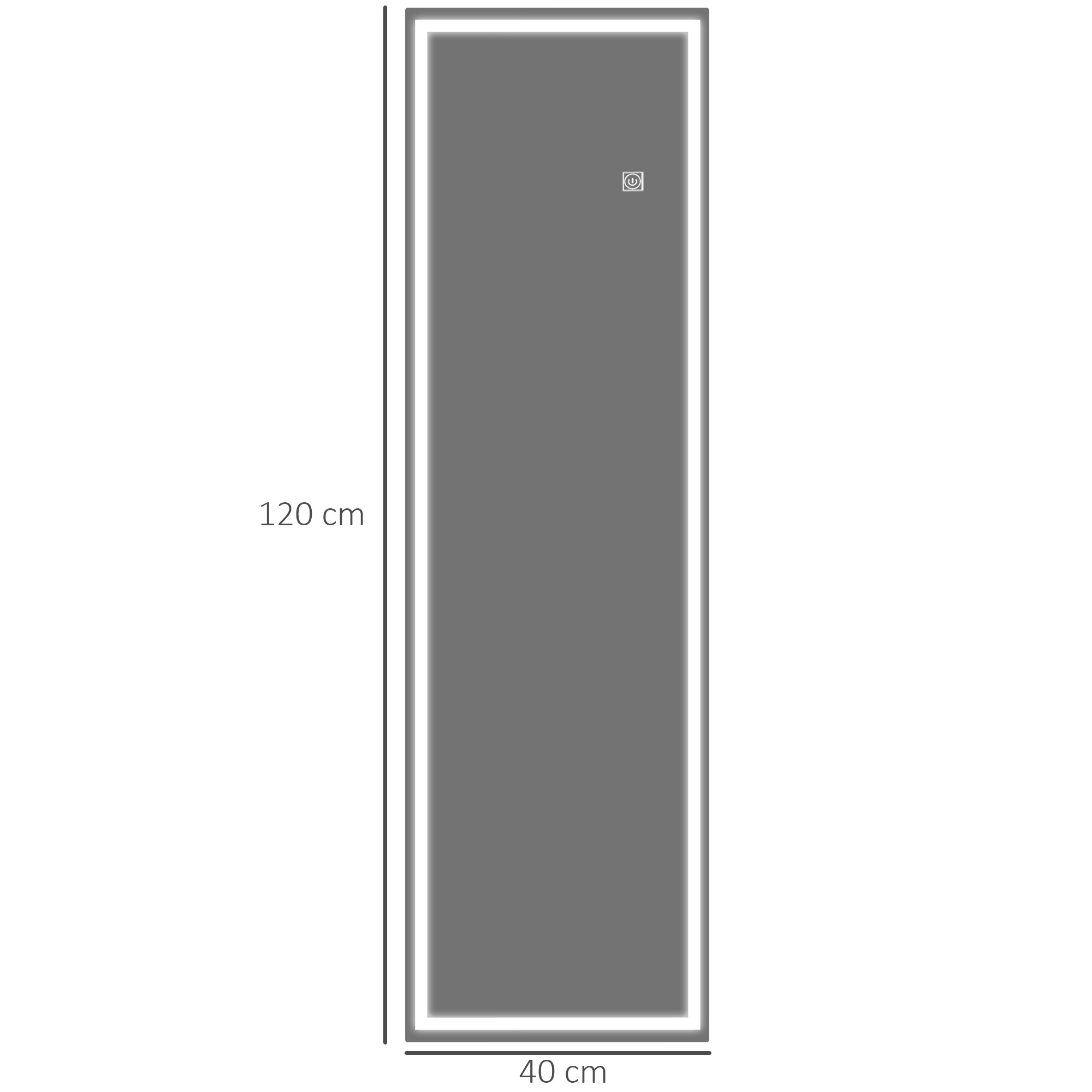 Ein hoher, schmaler Spiegel mit einem leuchtenden weißen LED-Rahmen. Abmessungen sind 120cm x 40cm.