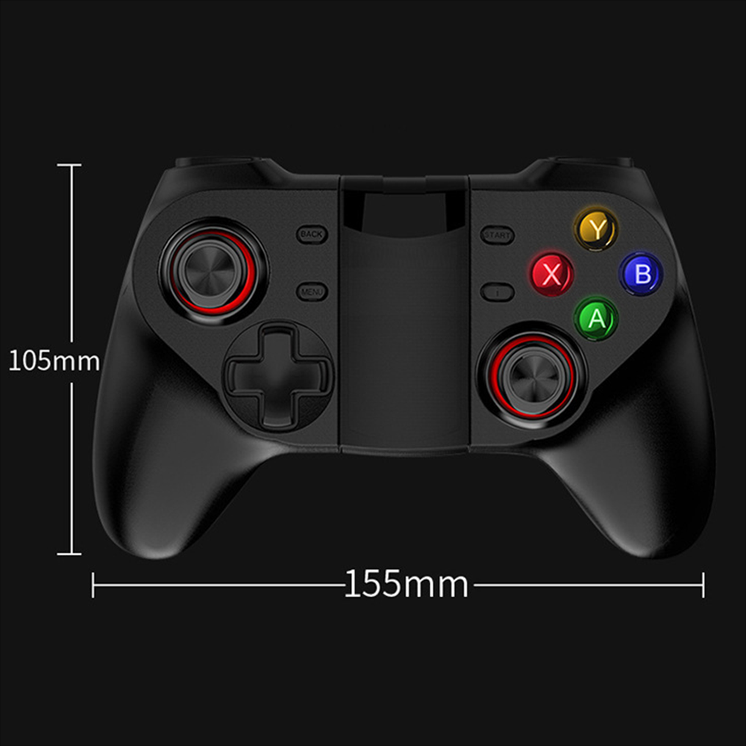 Ein schwarzer Gamecontroller mit Knöpfen und Abmessungen von 105x155 mm.