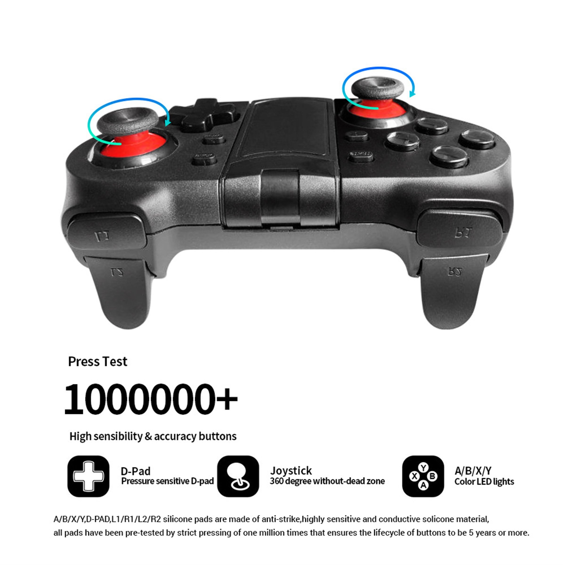 Ein schwarzer Gamecontroller mit beschrifteten Tasten. Text: '1000000+' hochsensible & präzise Tasten.