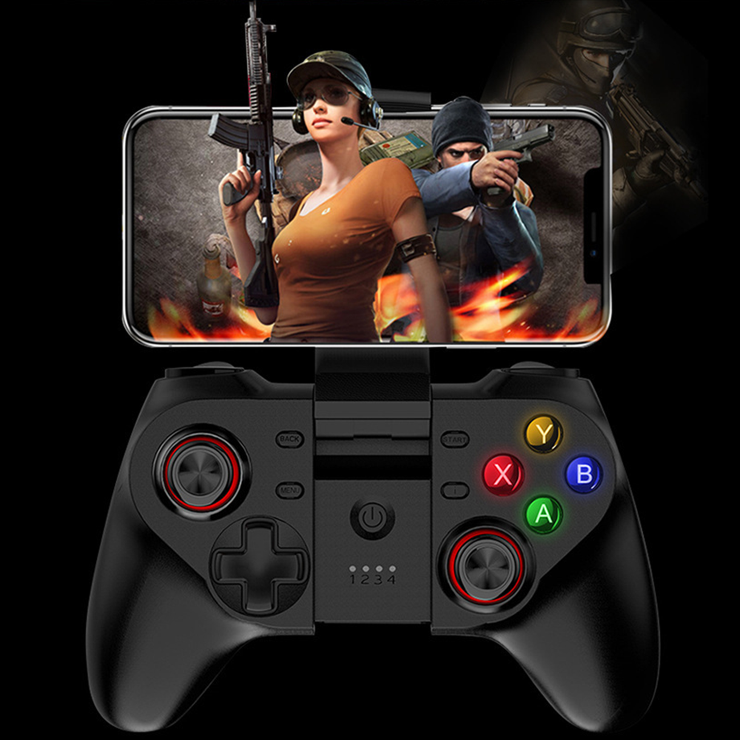 Schwarzer Gamecontroller mit Telefon, das ein Shooter-Spiel zeigt. Der Controller hat farbige Knöpfe.