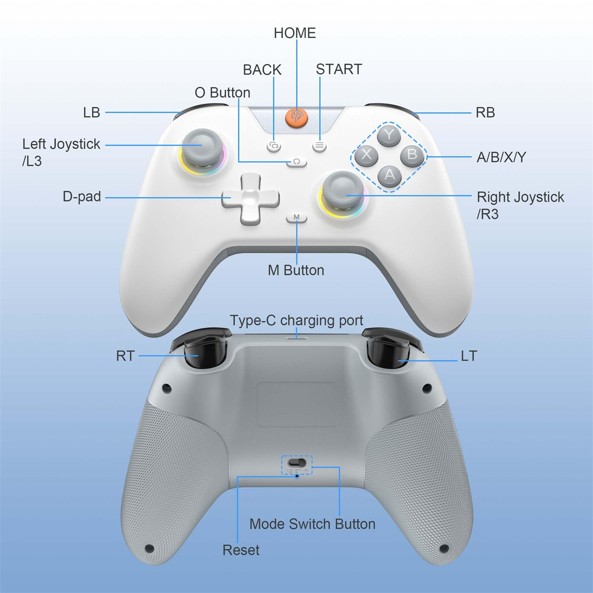 Ein weißer Gamecontroller mit beschrifteten Tasten. Der Controller wird von beiden Seiten gezeigt.