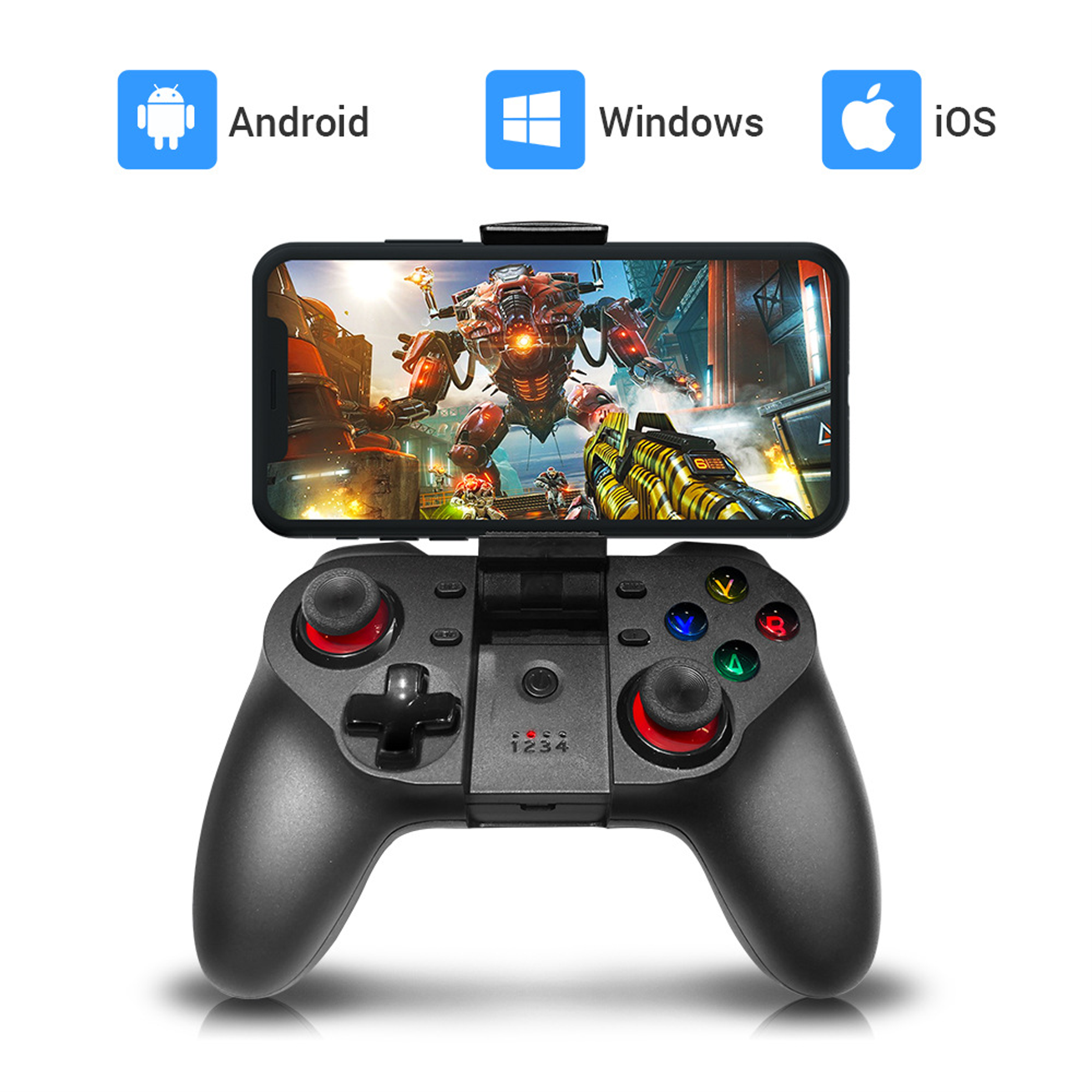 Ein schwarzes Gamepad, das ein Smartphone hält. Der Bildschirm zeigt eine Videospieloberfläche.