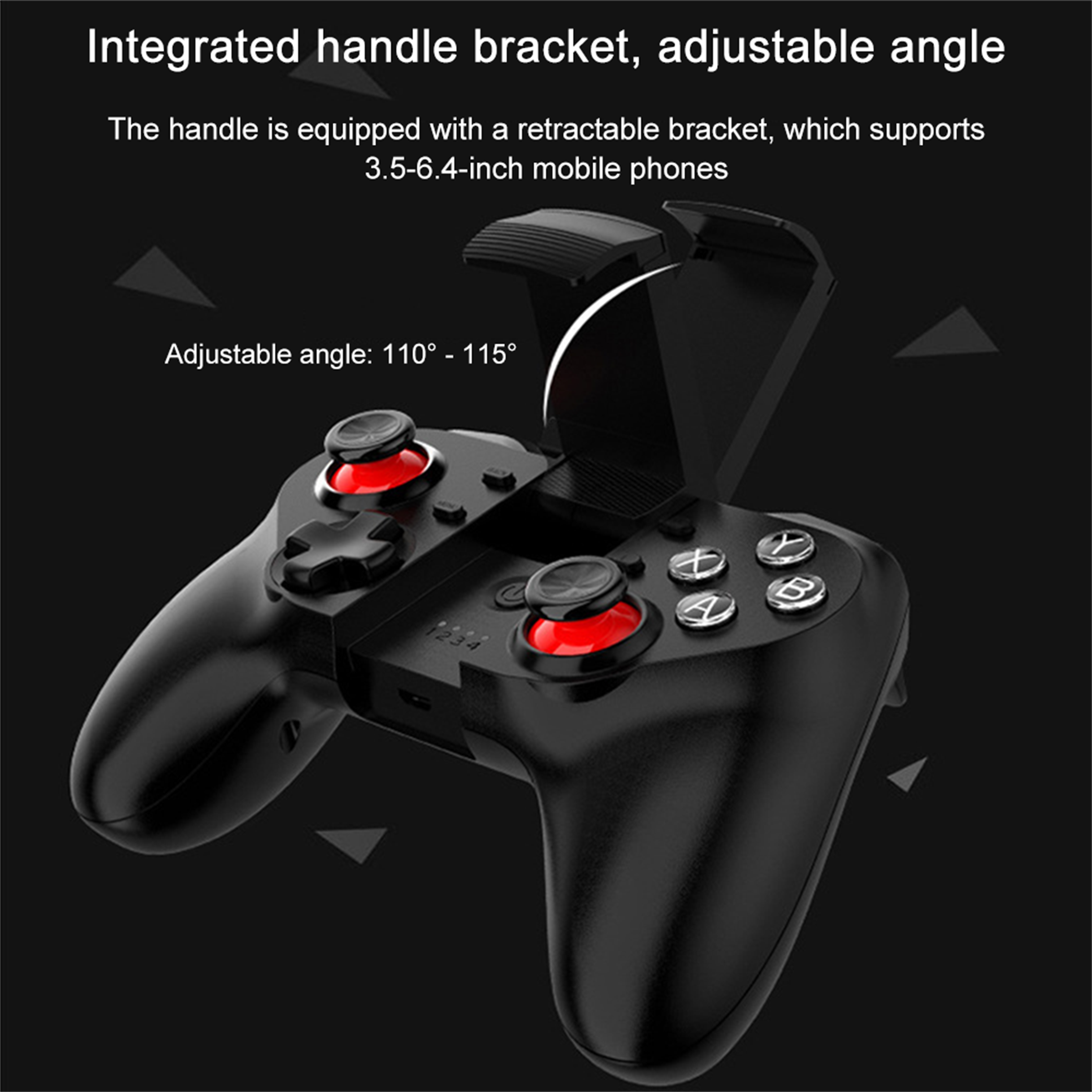 Schwarzer Gamecontroller mit roten Knöpfen. Der Controller ist offen, verstellbarer Winkel.