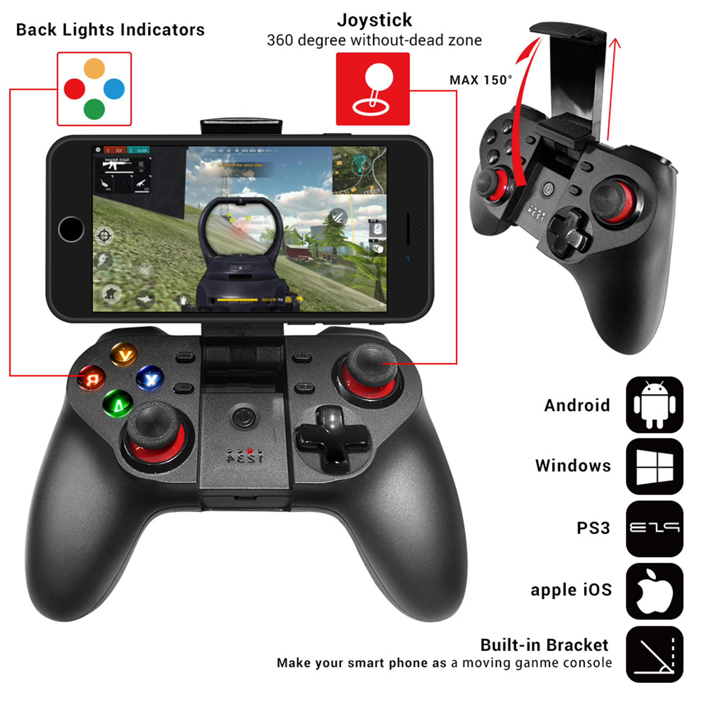 Ein schwarzer Gamecontroller mit Smartphone, das eine Spieloberfläche anzeigt, umgeben von Symbolen.
