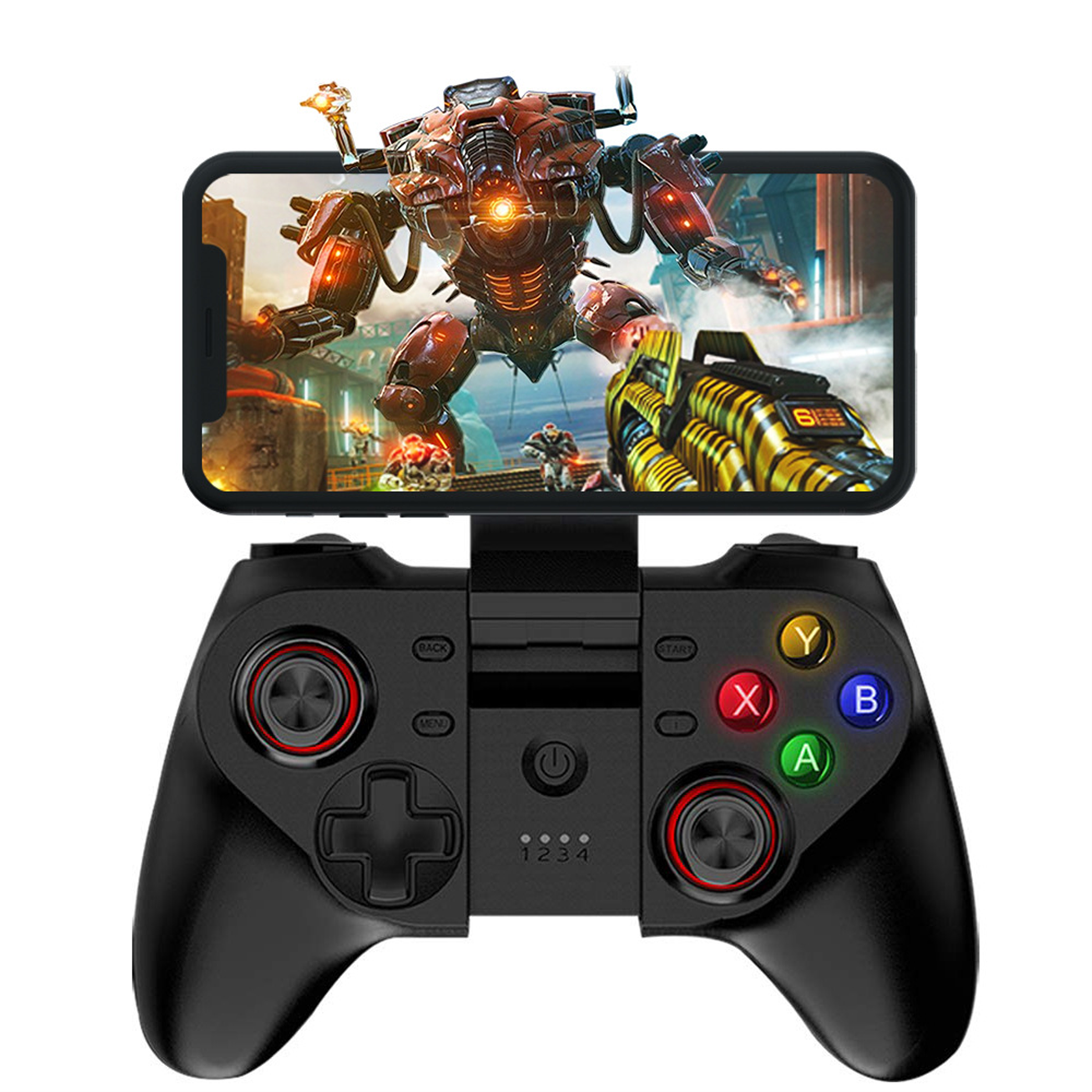 Schwarzer Gamecontroller mit Telefon, das ein Spiel anzeigt. Controller mit Farbtasten.