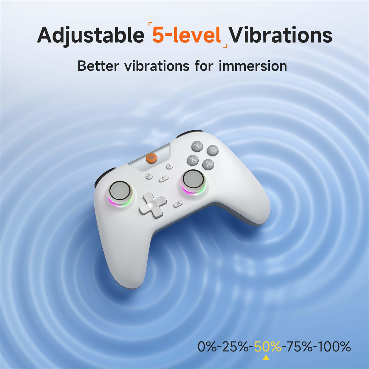 Ein weißer Gamecontroller auf einer blauen Oberfläche mit Vibrationsstufen angegeben.