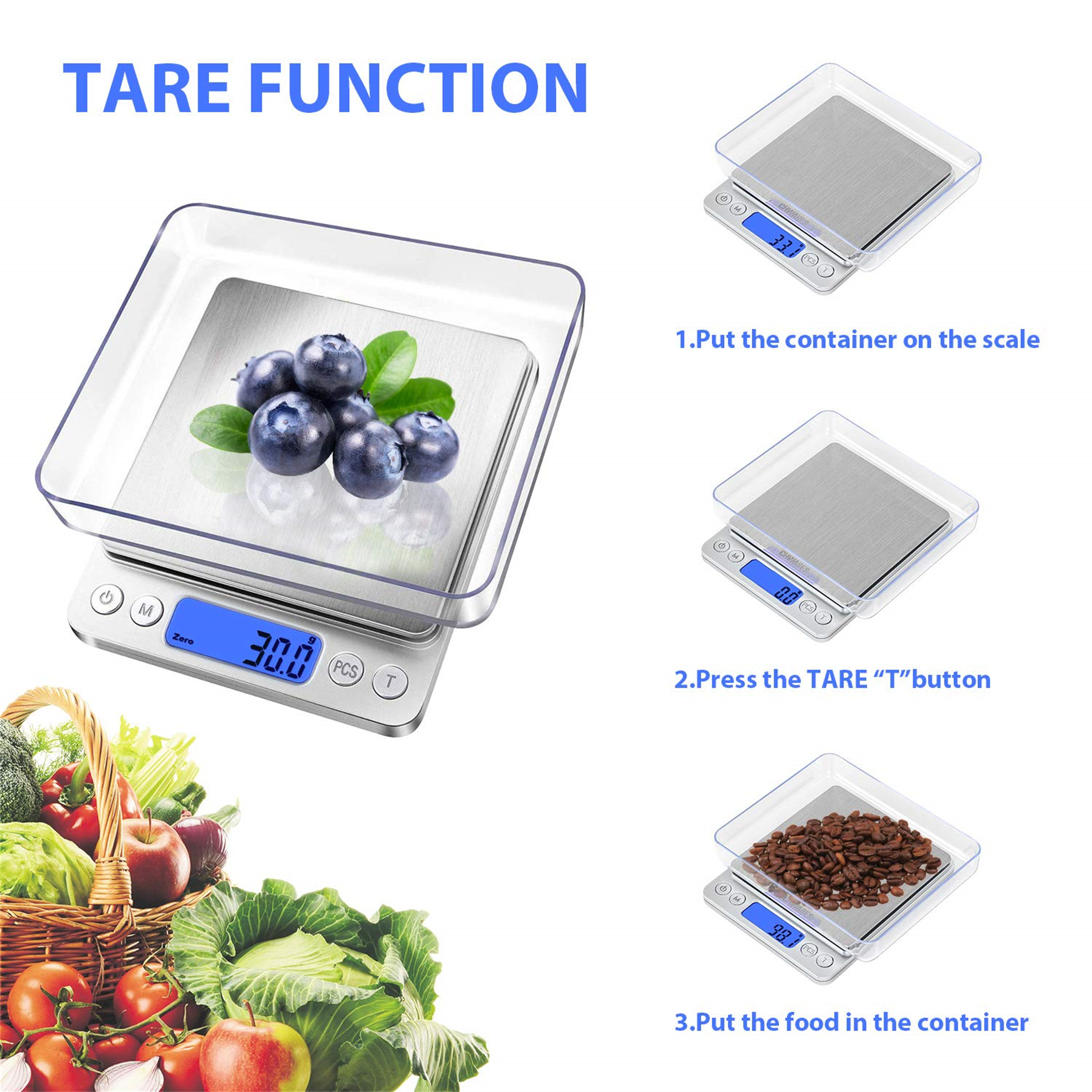 Eine digitale Waage mit Blaubeeren und Gemüse in einem Korb. Die Waage zeigt das Gewicht an.