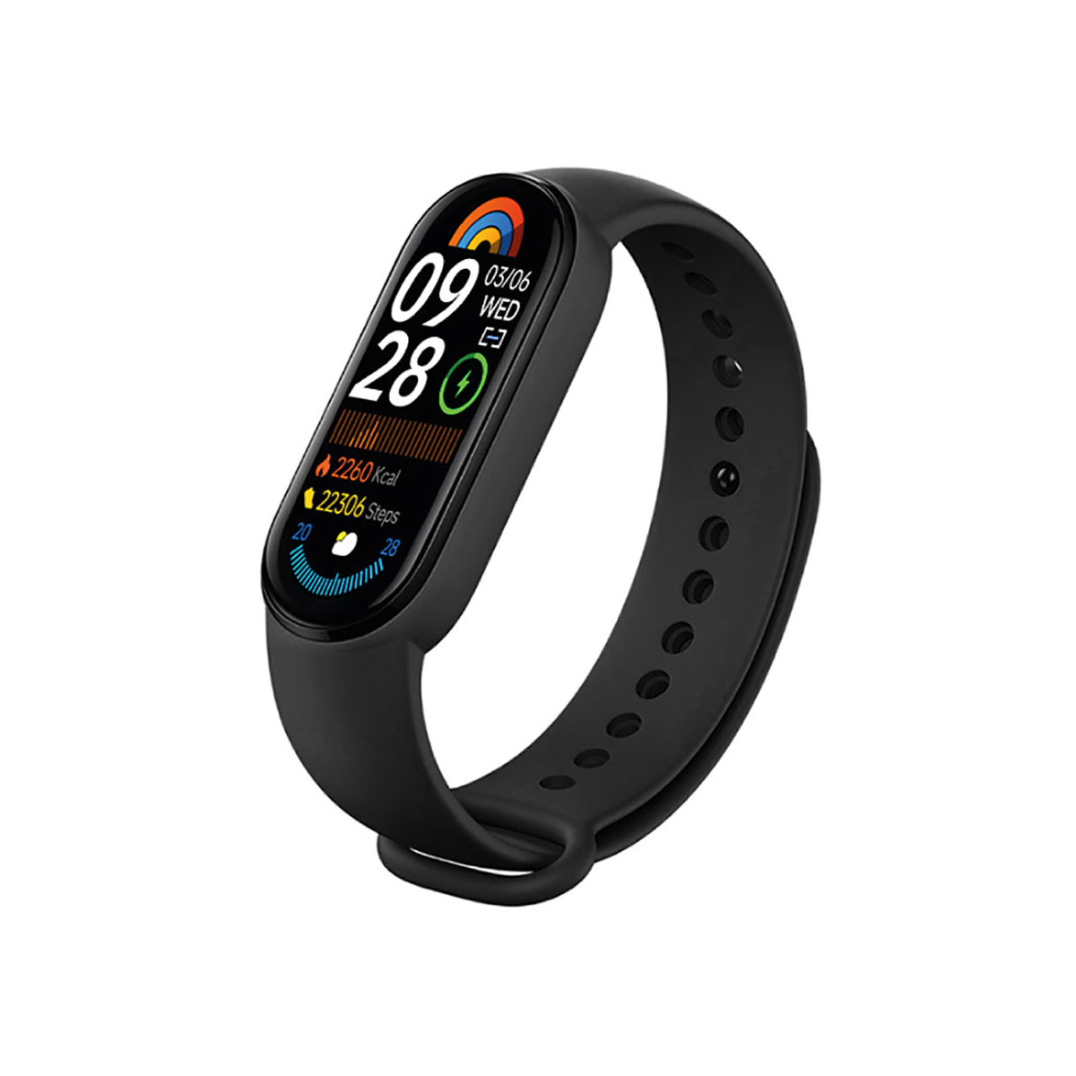 Eine schwarze Fitness-Tracker-Uhr, die Datum, Uhrzeit und Gesundheitsdaten auf weißem Hintergrund anzeigt.
