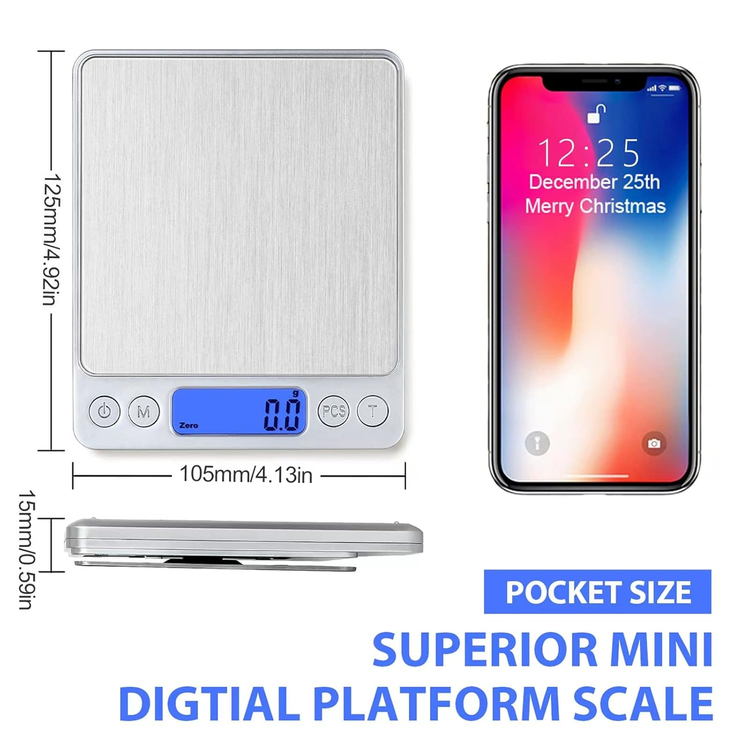 Eine Digitalwaage mit einem Telefon. Das Telefon zeigt Datum und Uhrzeit. Die Waage ist weiß.