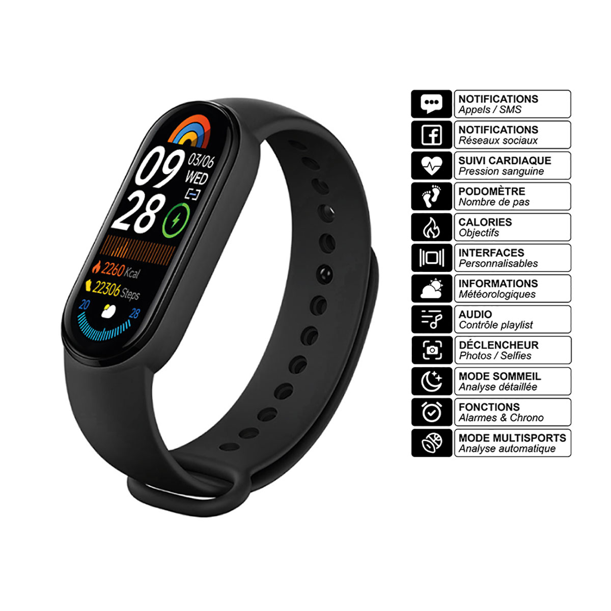 Ein schwarzer Fitnesstracker mit Bildschirm. Symbole für Benachrichtigungen, Schritte und Gesundheitsdaten.