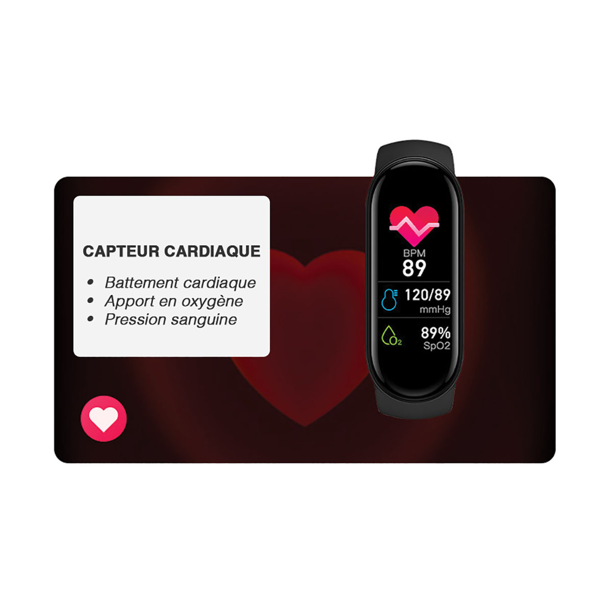 Ein schwarzes Fitnessarmband mit einem Herzfrequenzmesser. Es gibt einen Bildschirm und ein Diagramm.