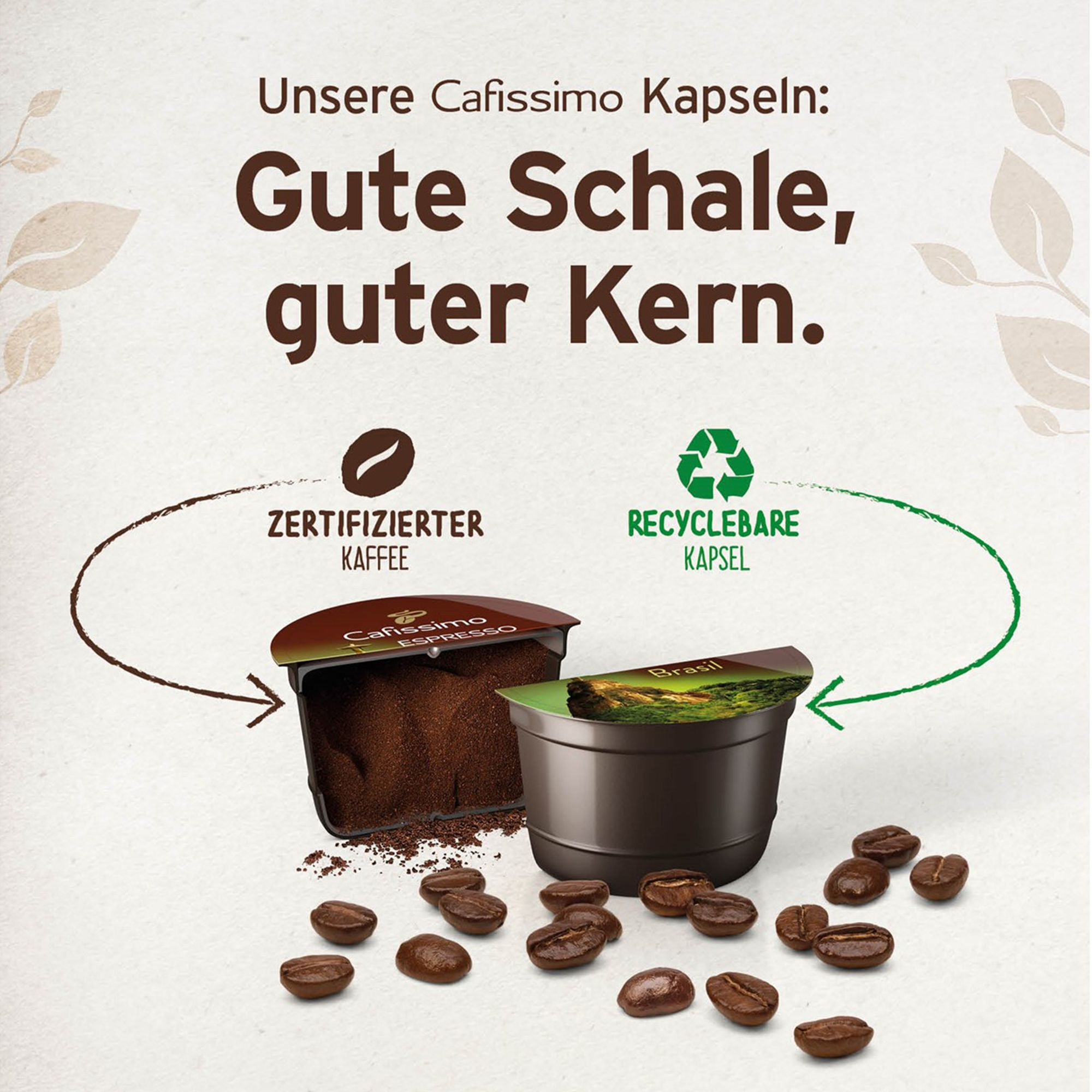 Zwei Kaffeekapseln, eine mit Kaffeebohnen und die andere mit gemahlenem Kaffee. Text auf Deutsch.