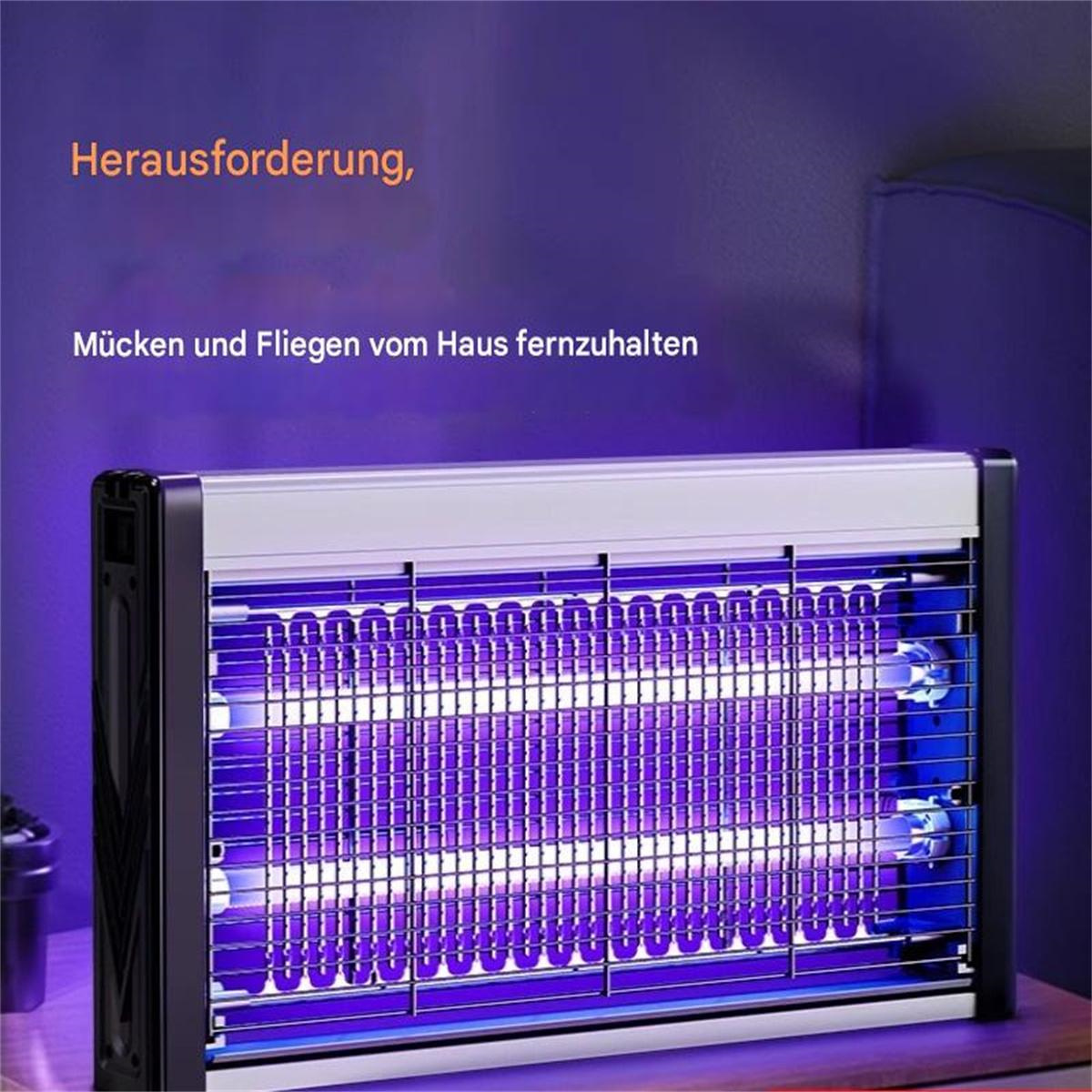 Ein UV-Insektenvernichter mit schwarzem Rahmen, der violettes Licht aussendet. Text: Halten Sie Mücken und Fliegen vom Haus fern.