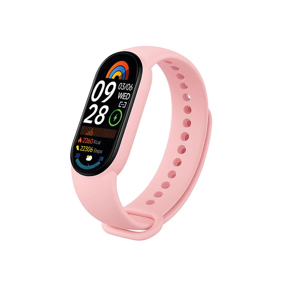 Eine pinke Smartwatch mit schwarzem Display. Der Bildschirm zeigt Zeit, Datum und Aktivitätsmetriken. Das Band ist pink.