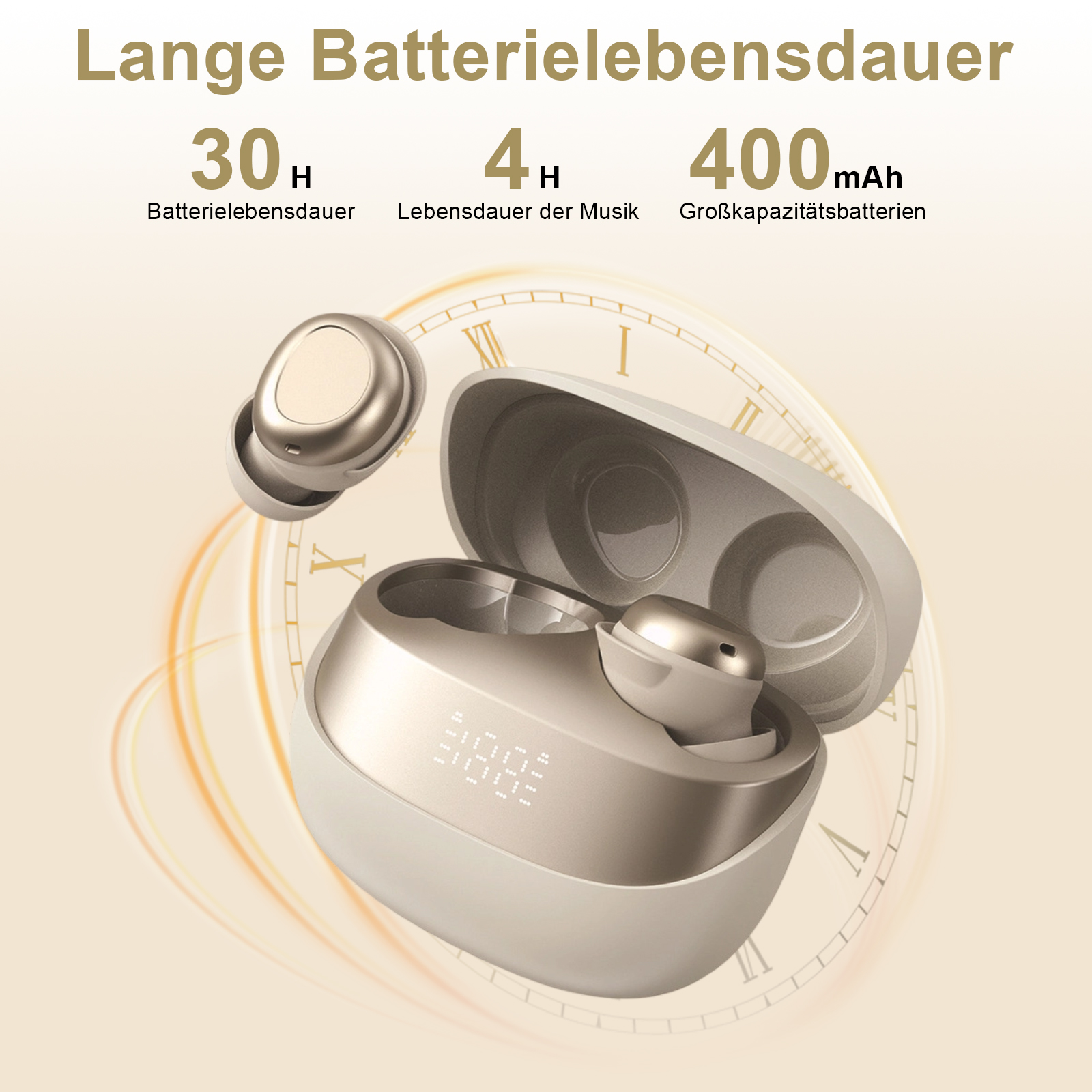 Goldene kabellose Ohrhörer und Hülle mit Informationen zur Akkulaufzeit. Akku hält 30 Stunden. Musik hält 4 Stunden.