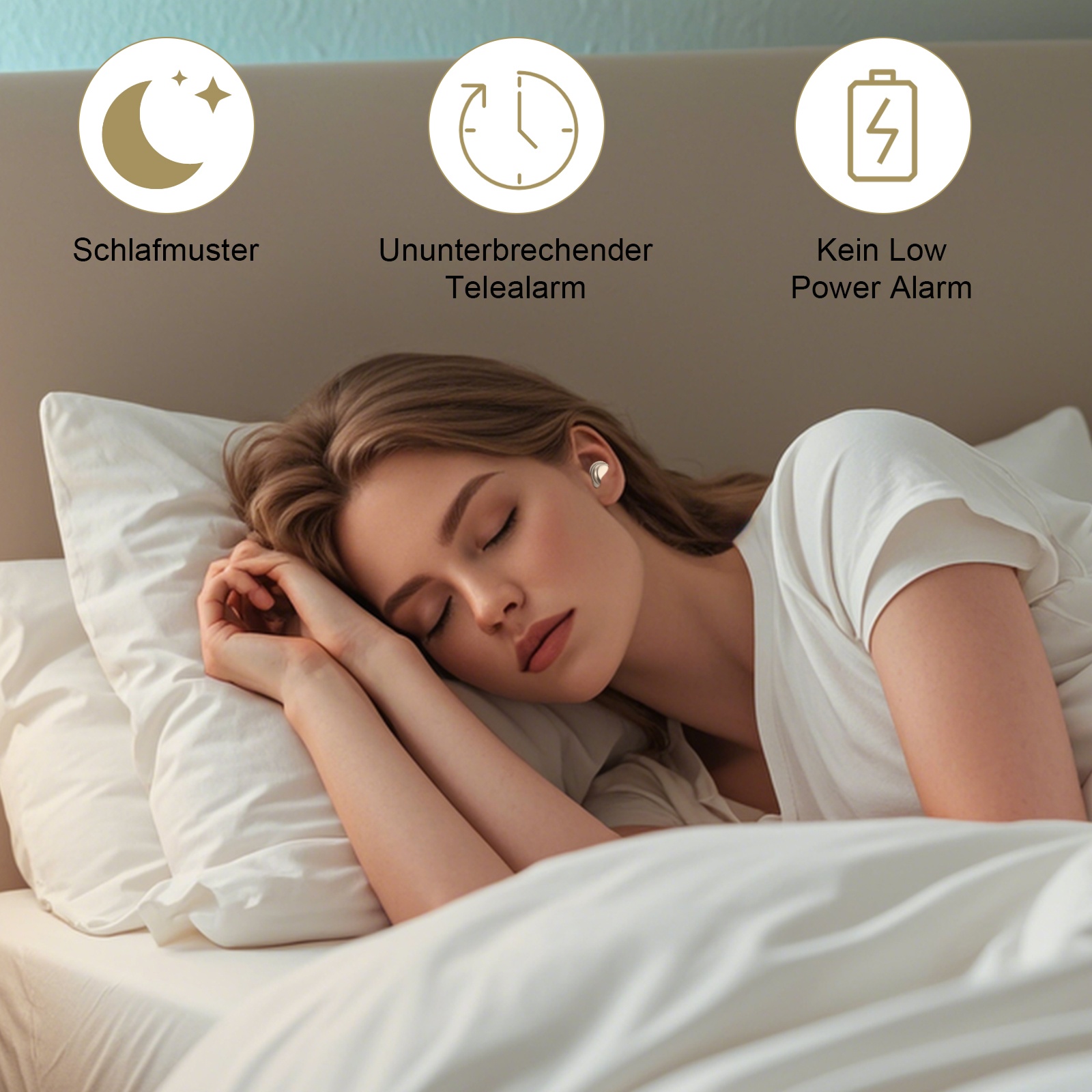 Eine Frau schläft in einem Bett mit weißen Laken. 3 Symbole oben: Mond und Sterne, Uhr und Batterie.