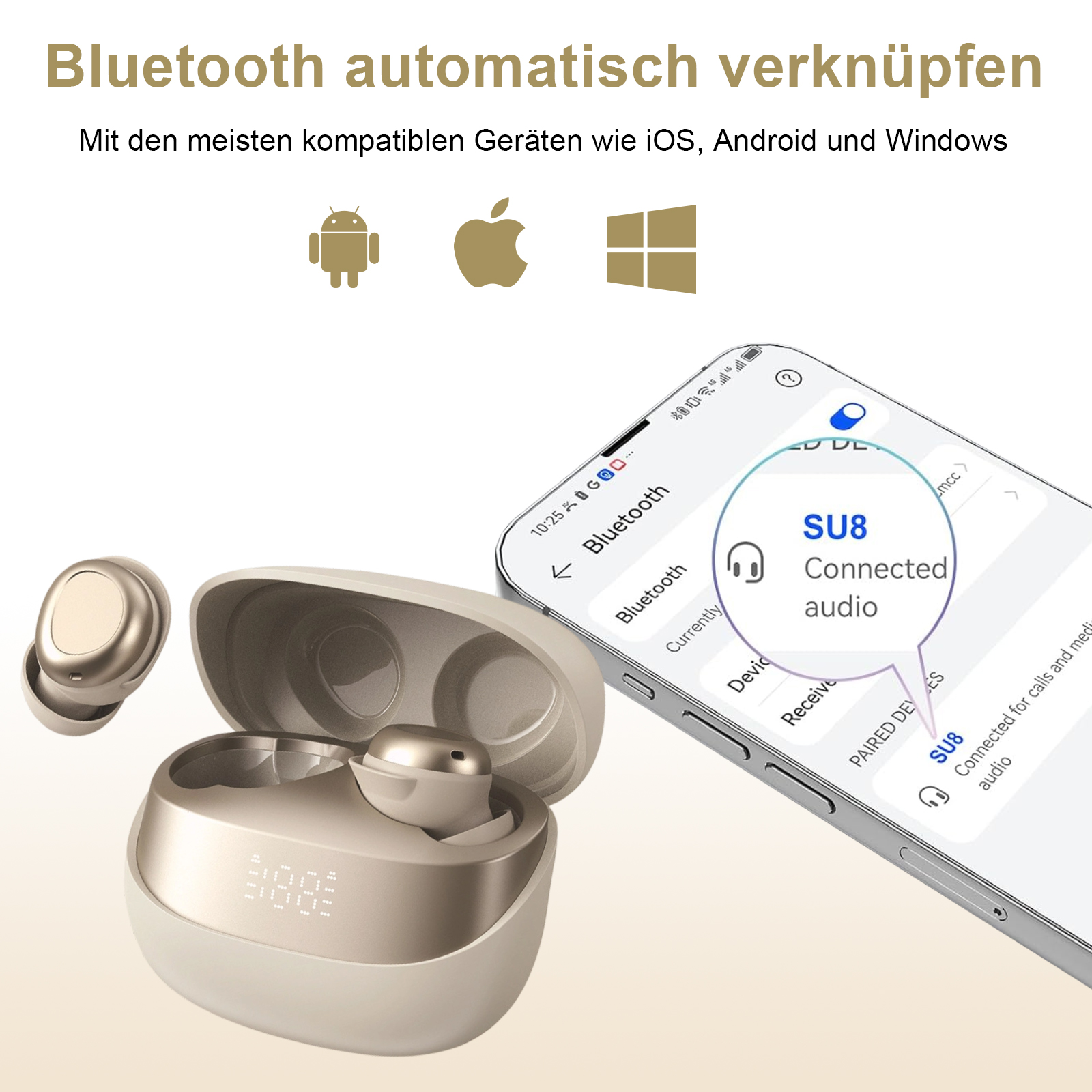Ohrhörer mit Ladekoffer, ein Telefon mit der Aufschrift 'SU8 Connected audio' und Icons.