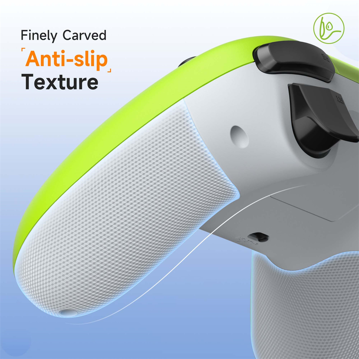 Nahaufnahme des Griffs eines Gamecontrollers mit grünen Akzenten und Anti-Rutsch-Textur.