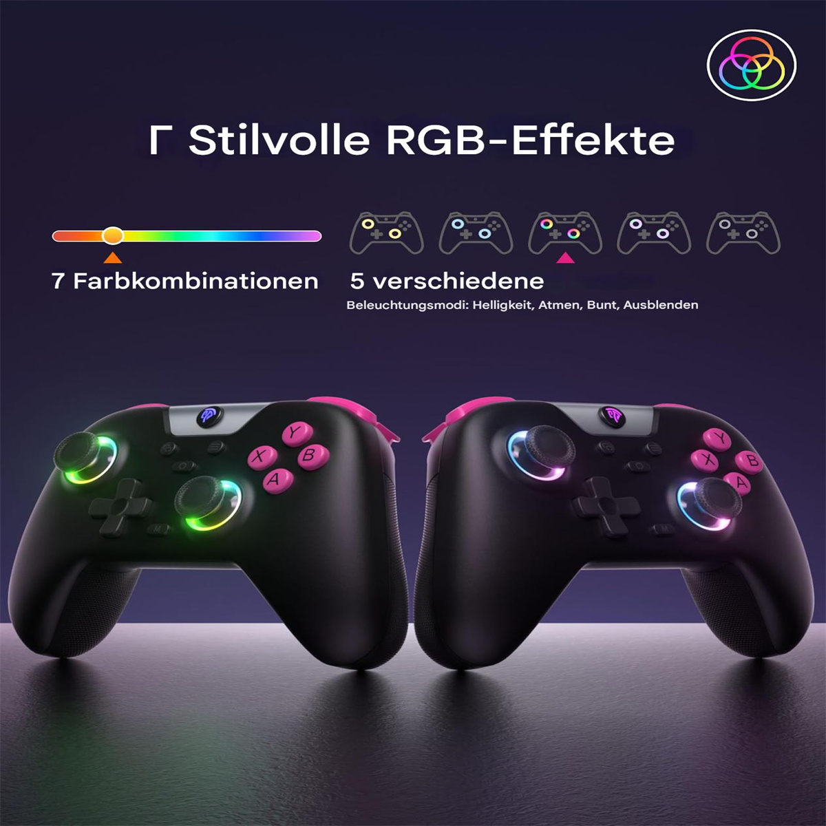 Zwei schwarze Gamecontroller mit rosa Akzenten und farbenfroher RGB-Beleuchtung. Text oben.