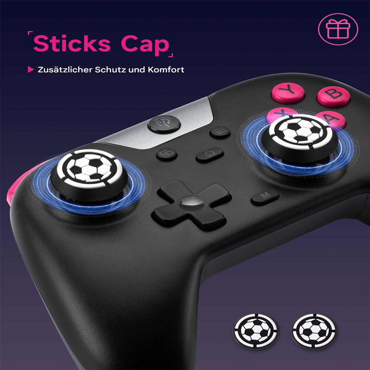 Ein schwarzer Gamecontroller mit Daumenknöpfen im Fußball-Design. Pinke Knöpfe oben.