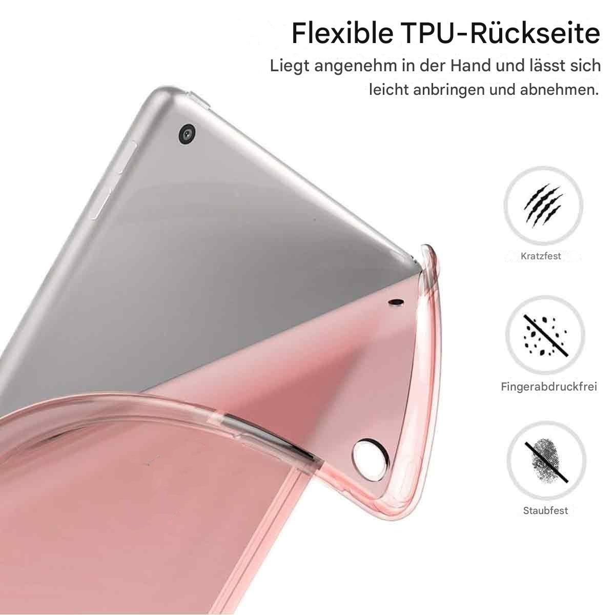 Nahaufnahme einer roségoldenen Tablethülle mit Tablet darin und Text oben.
