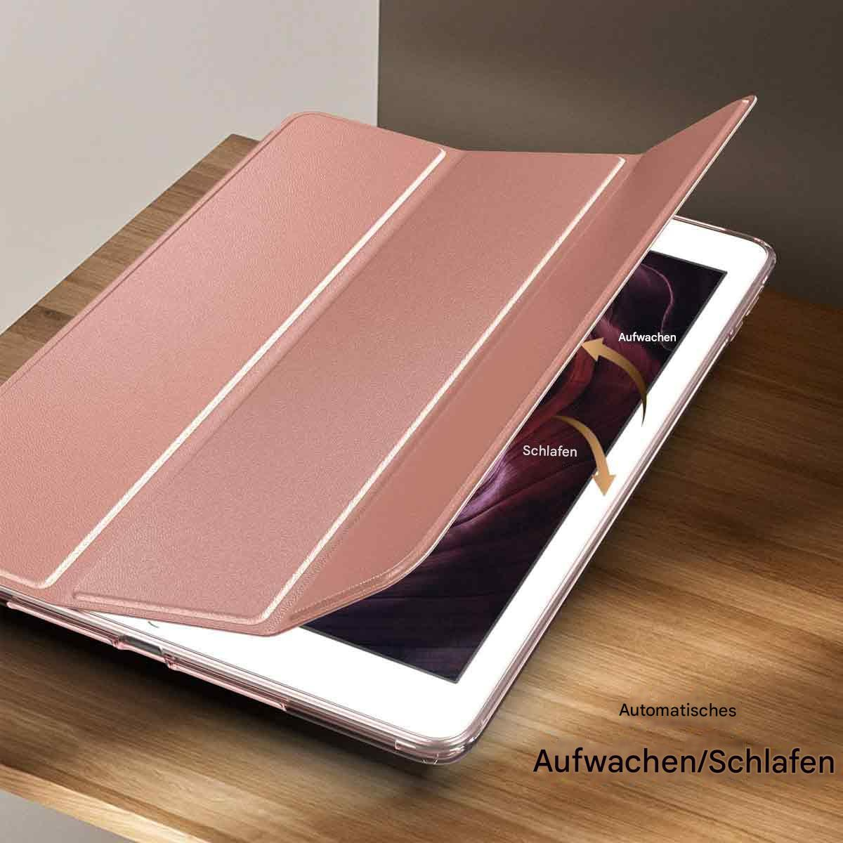 Ein roségoldenes Tablet mit teilweise geöffneter Hülle auf einer Holzoberfläche. Text darauf.