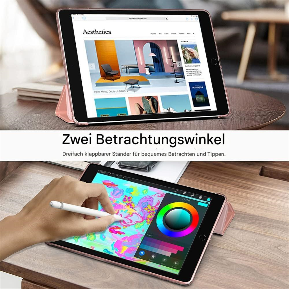 Ein Tablet auf einem Ständer, das eine Website auf dem Bildschirm zeigt. Eine Hand zeichnet.