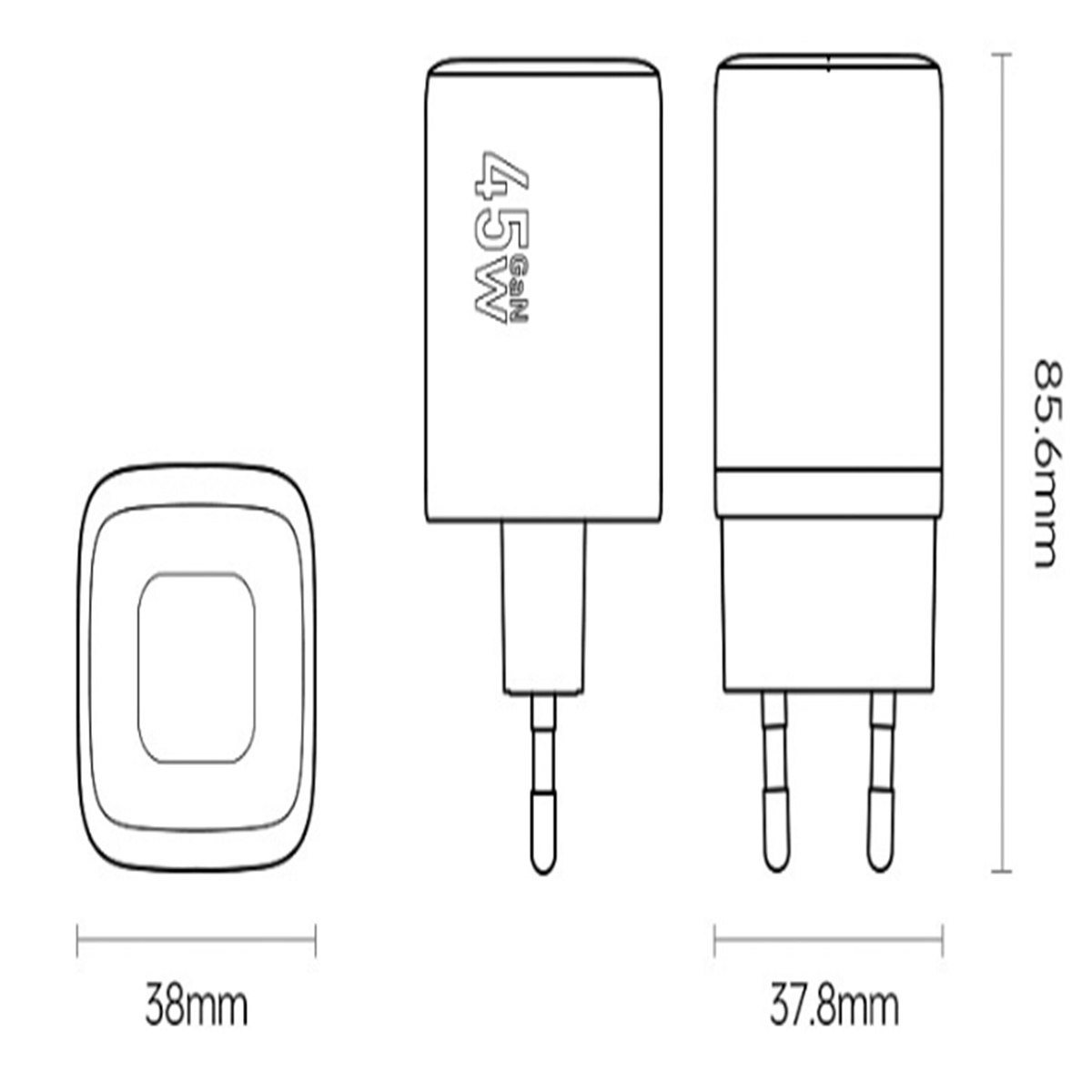 Diagramm eines 45W-Ladegeräts mit Abmessungen und detaillierten Front- und Seitenansichten.