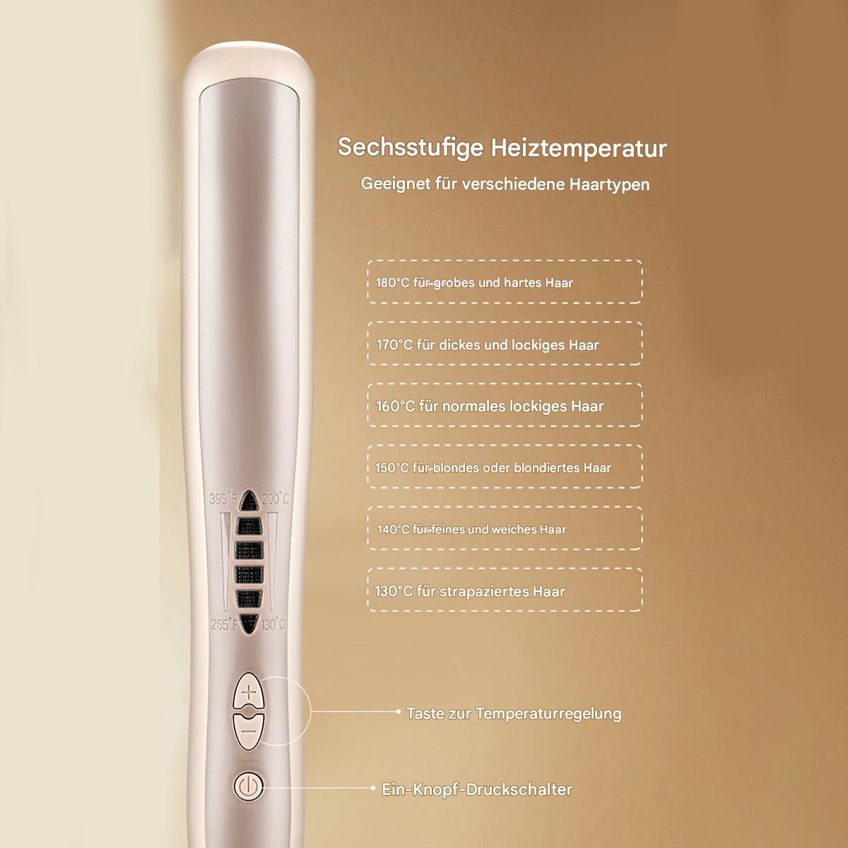 Ein Glätteisen mit Temperatureinstellungen. Text beschreibt Haartypen für jede Hitzestufe.