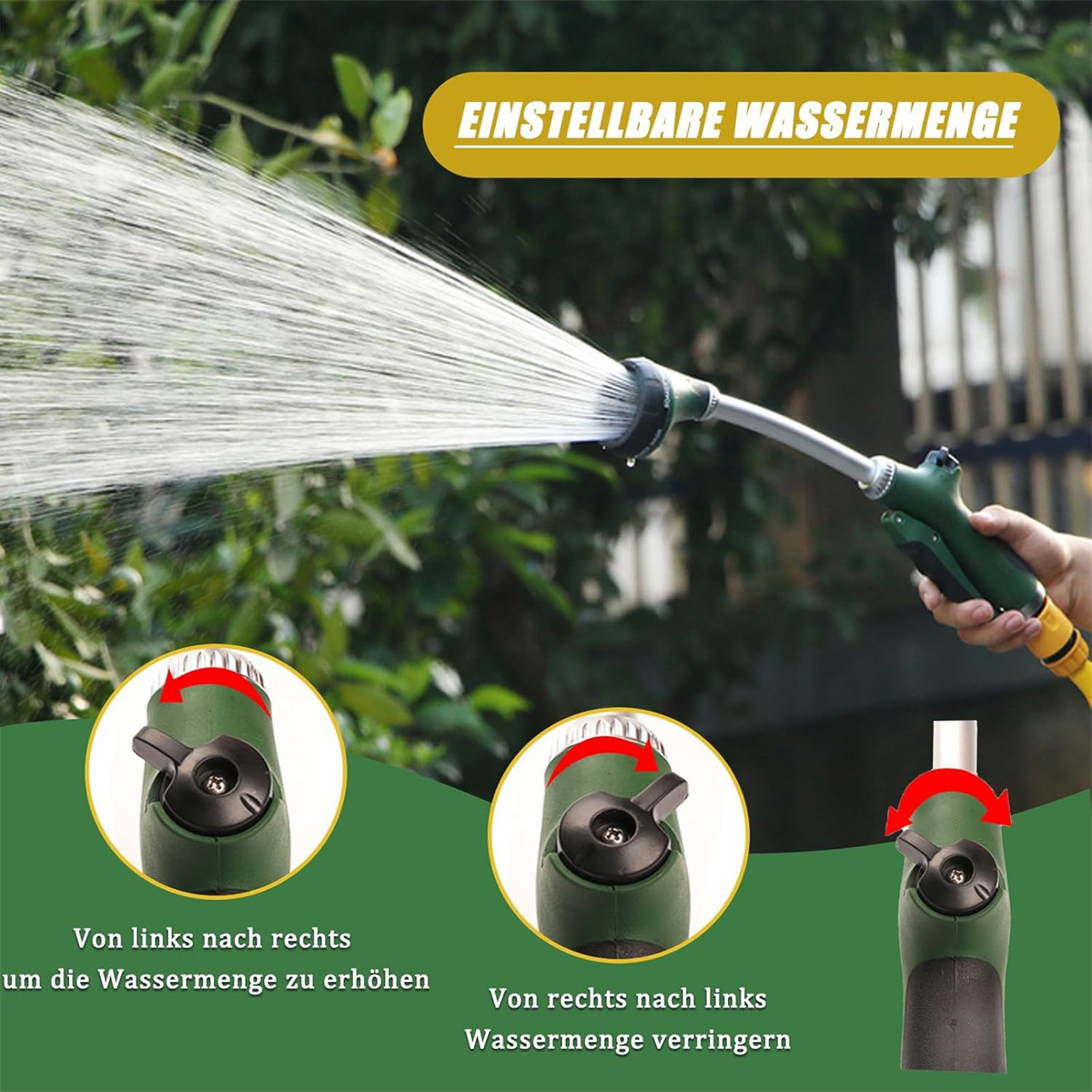 Eine Hand, die eine grüne Gartenschlauchdüse hält, die Wasser sprüht. Nahaufnahme der Einstellräder.