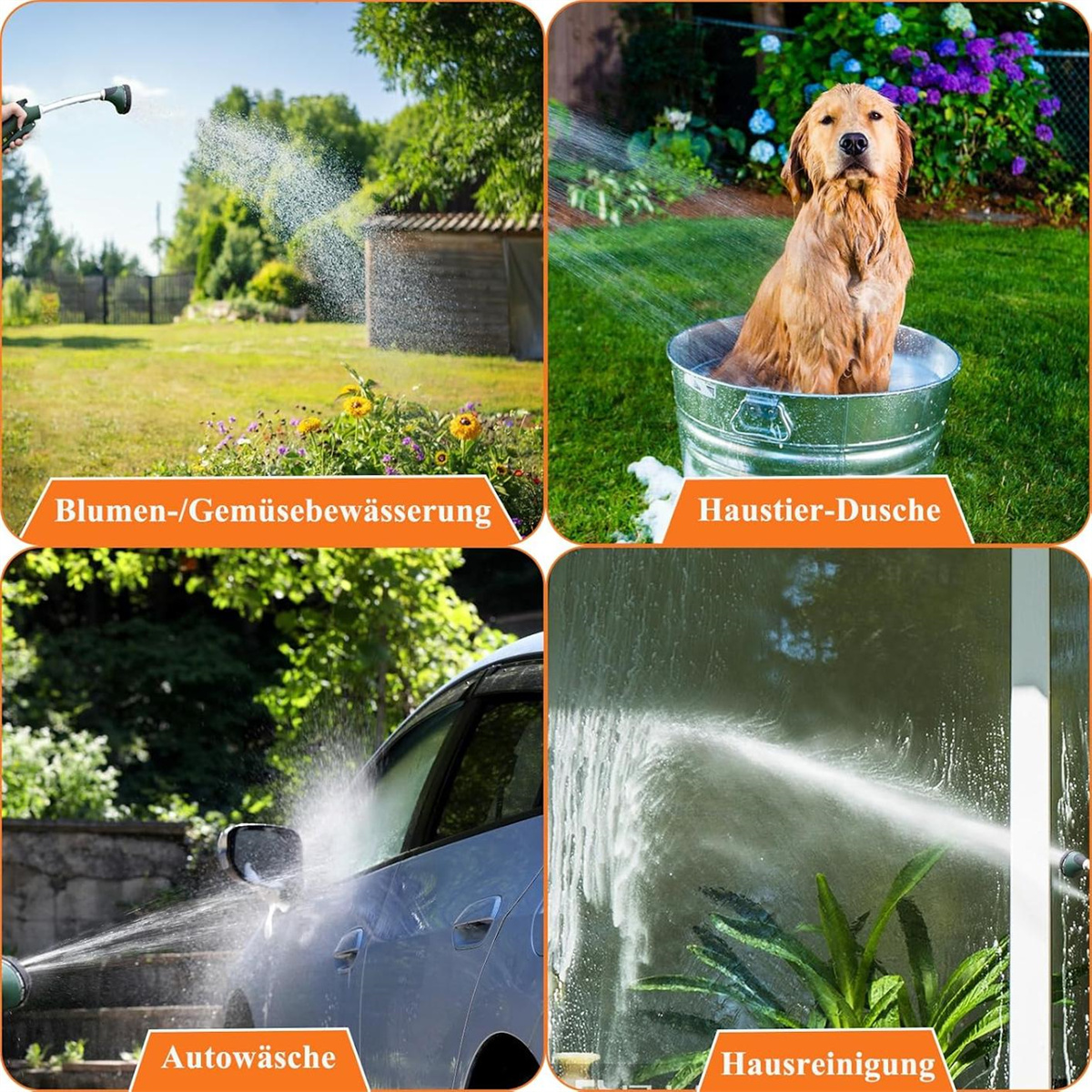 Vier Bilder, die Wassernutzung zeigen: Garten bewässern, Hundebad, Autowäsche und Fenster putzen.