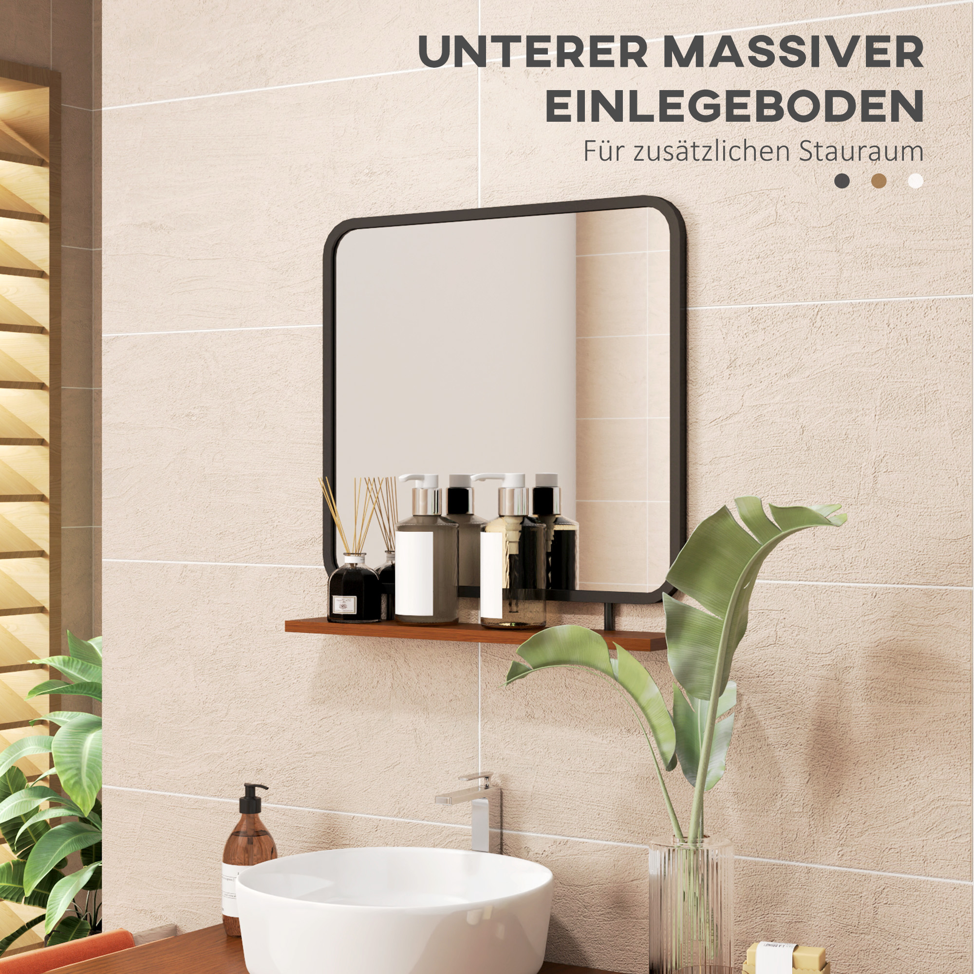 Eine Badezimmerszene mit Spiegel, Regal mit Flaschen und Waschbecken.