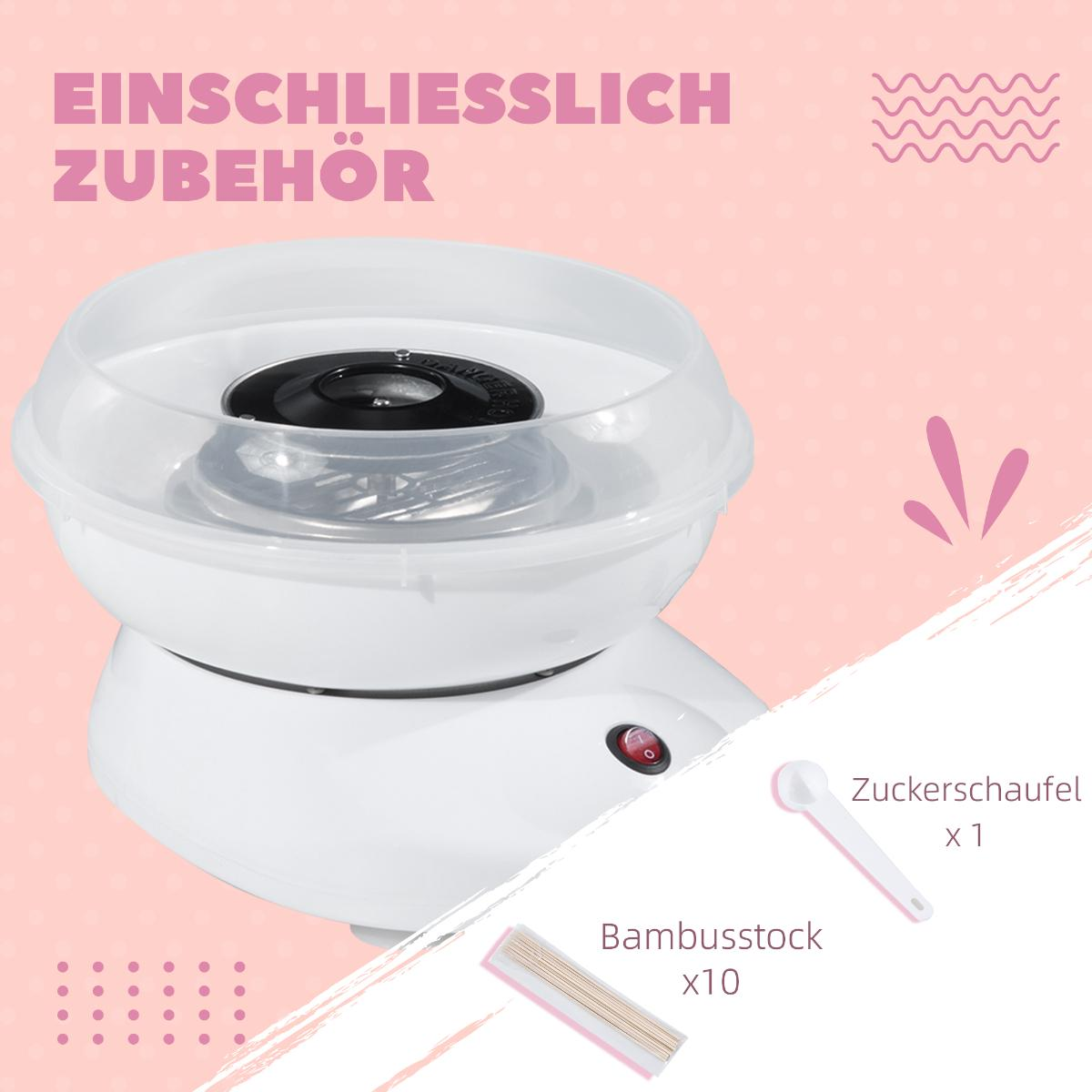 Eine weiße Zuckerwattemaschine mit Zubehör. Enthält einen Zuckerlöffel und Bambusstäbchen.