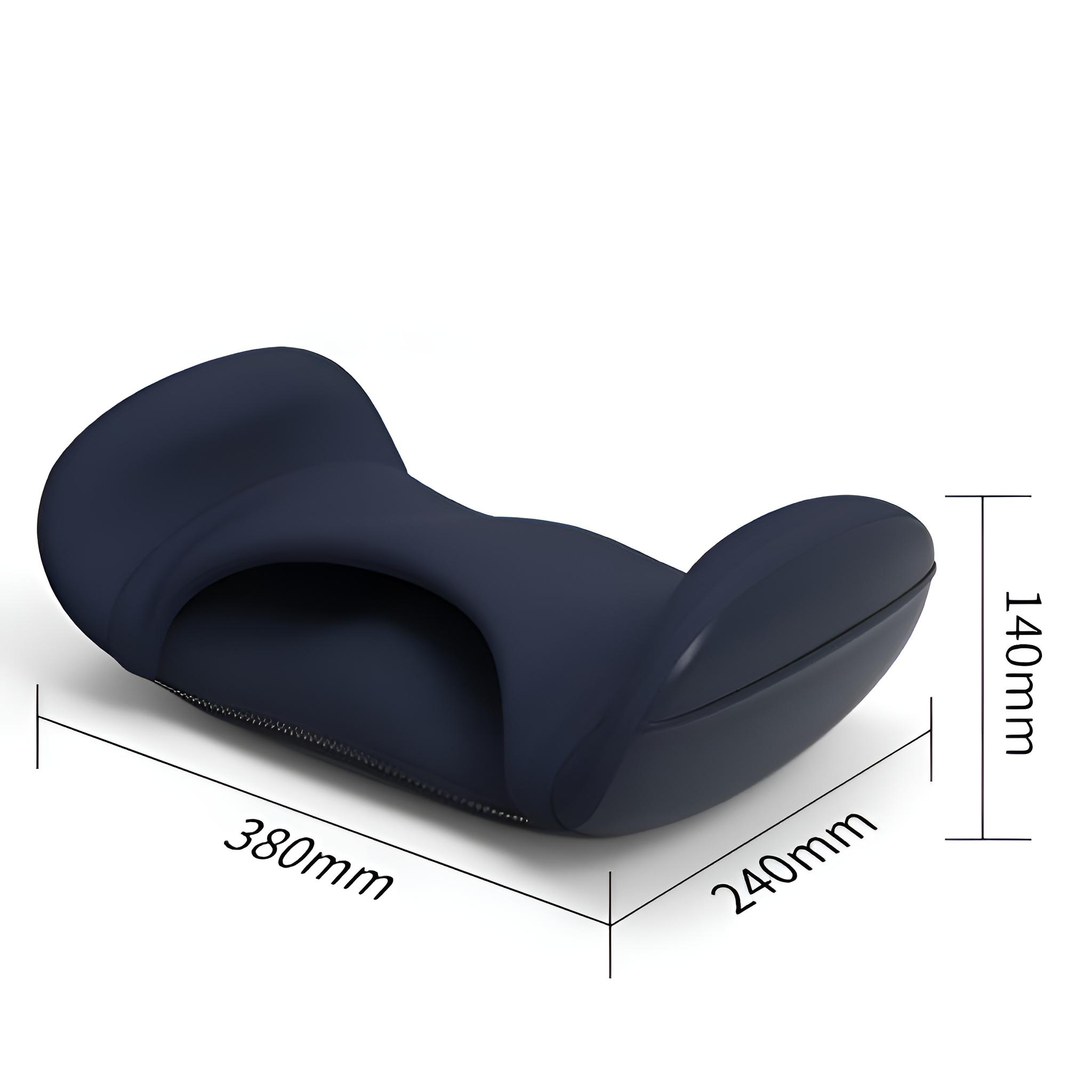Dunkelblaues Fußmassagegerät. Abmessungen 380 mm x 240 mm x 140 mm. Seitenansicht.