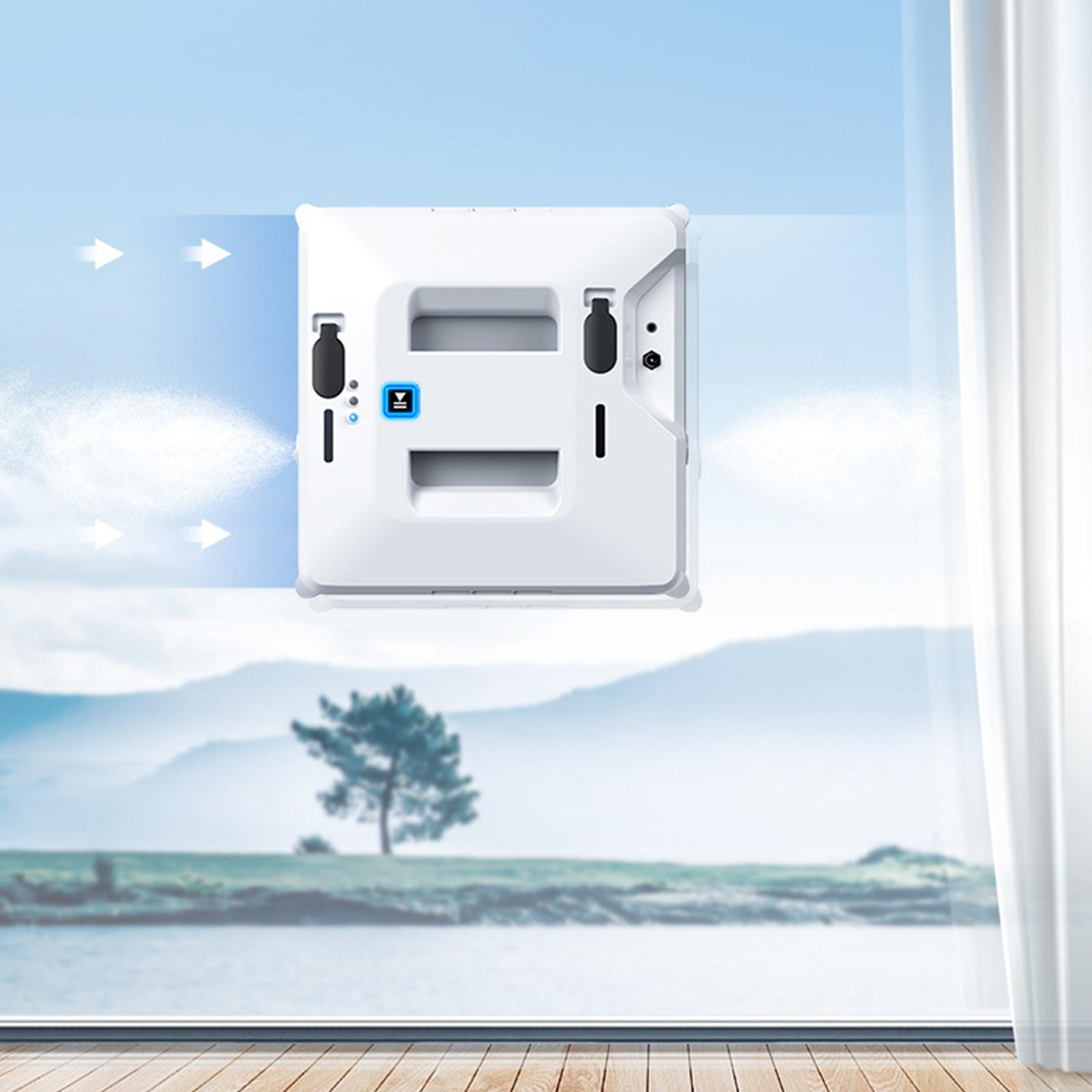 Ein weißer Fensterputzroboter an einem Fenster. Pfeile zeigen, wie der Roboter das Glas reinigt.