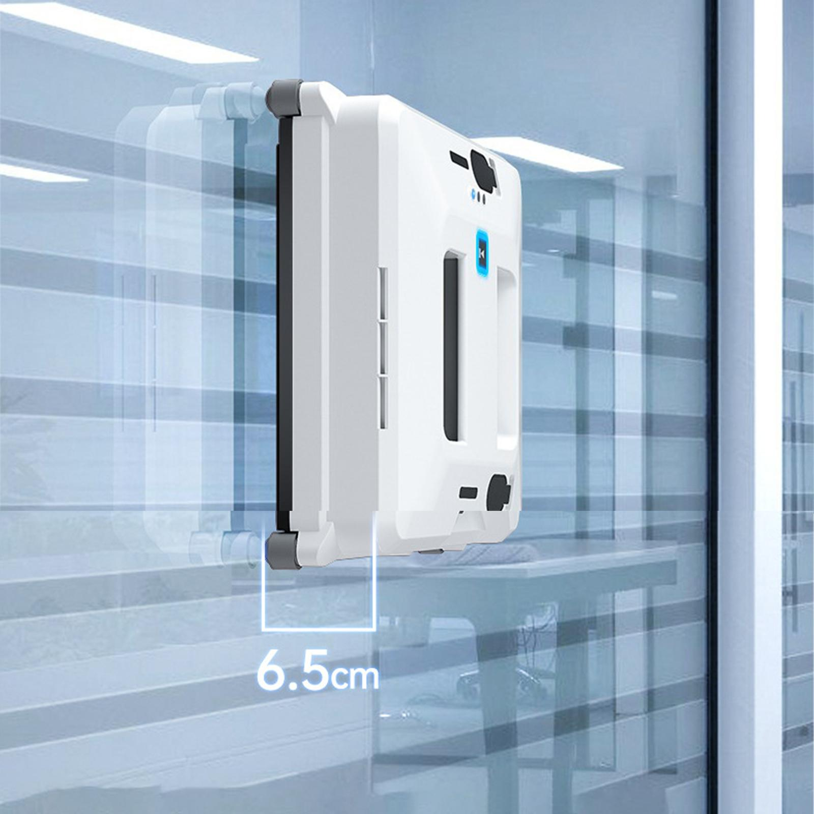 Weißer Fensterputzroboter auf einer Glasoberfläche. Die Tiefe des Roboters beträgt 6,5 cm.