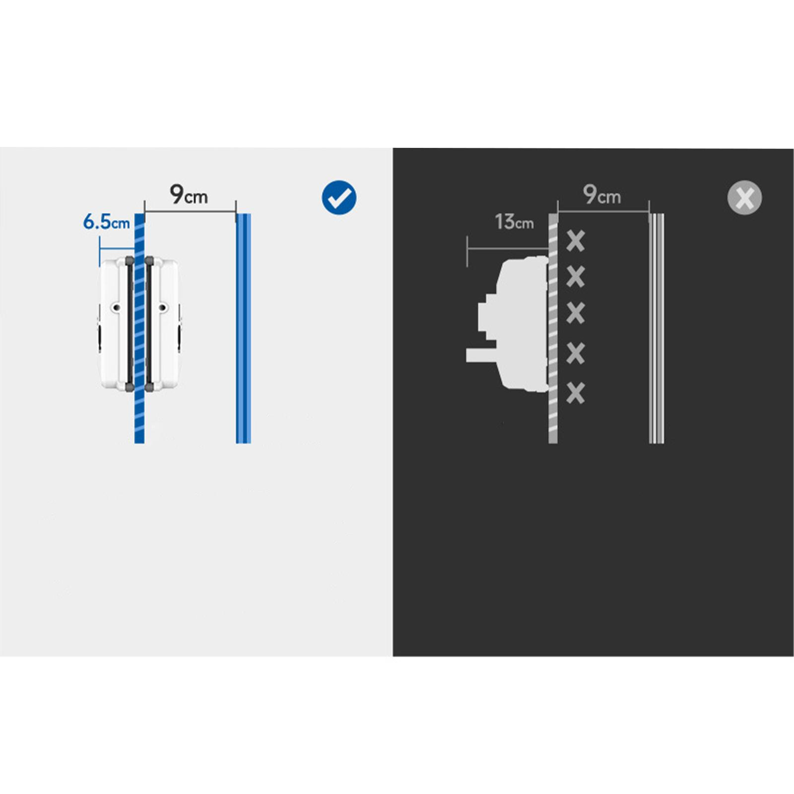 Diagramm zum Vergleich der korrekten und inkorrekten Installation eines Geräts, mit Maßen und Häkchen/Kreuz.