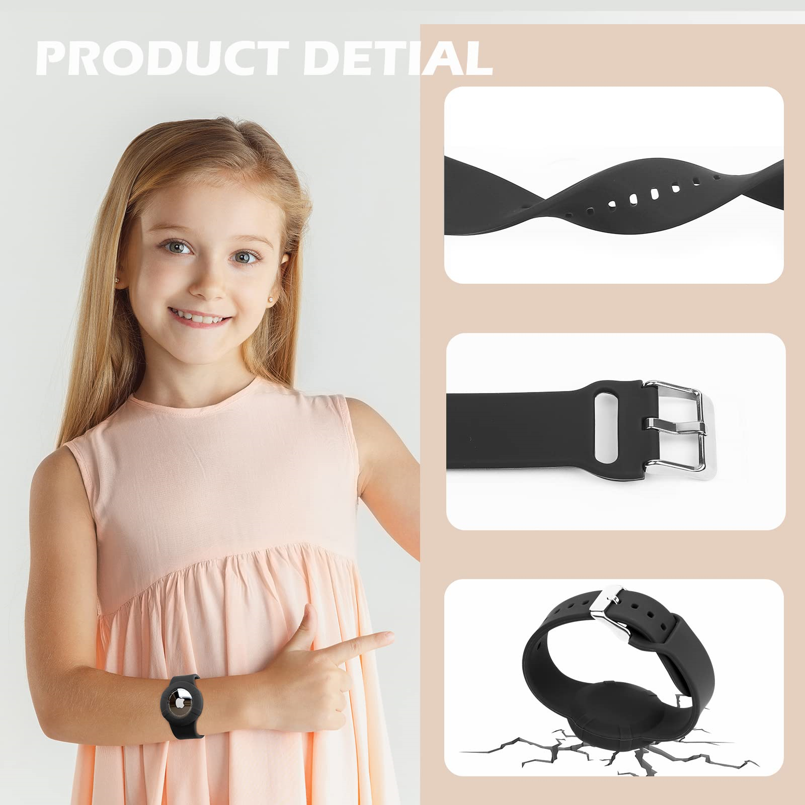 Ein Mädchen in einem Pfirsichkleid zeigt auf einen schwarzen Tracker an ihrem Handgelenk mit Nahaufnahmen des Armbands.