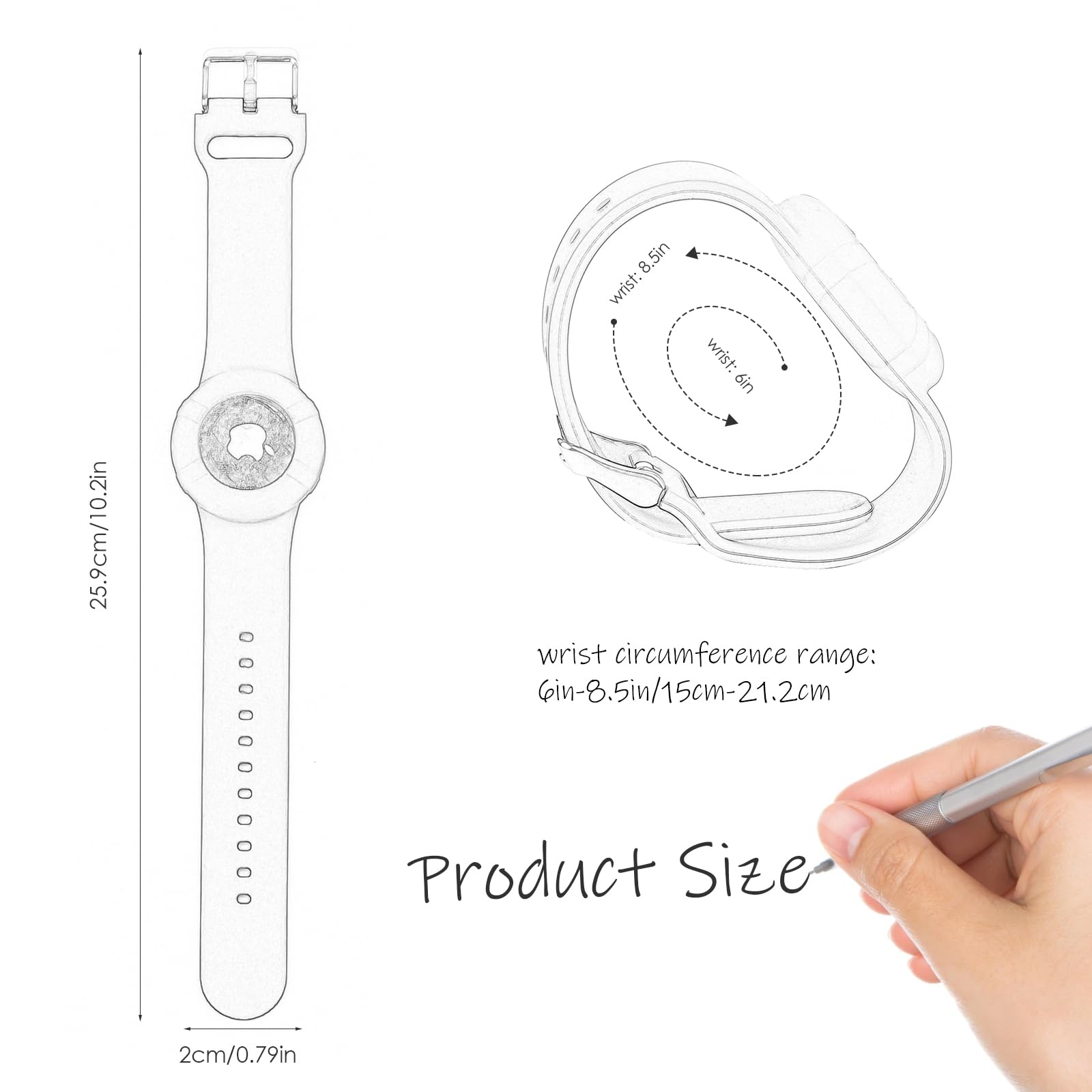 Produktgrößen-Illustration eines Smartwatch-Armbands und seiner Abmessungen.