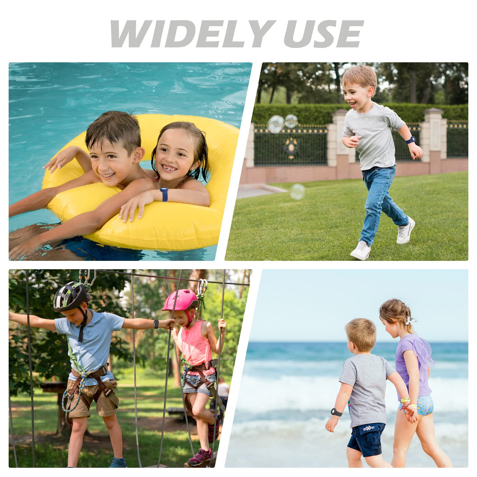 Collage von spielenden Kindern: in einem Pool, beim Laufen in einem Garten, auf einem Seilparcours und beim Spaziergang an einem Strand.