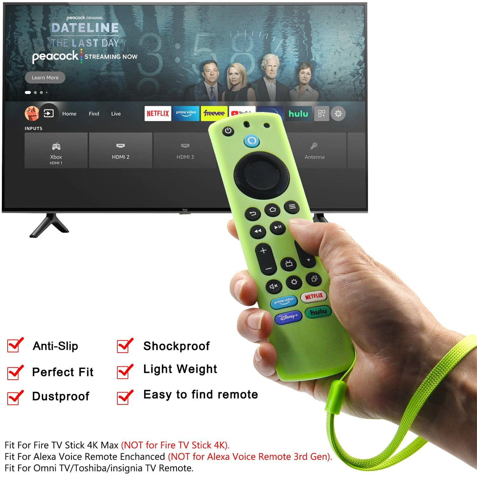 Person, die eine grüne Fernbedienung vor einem Fernseher hält, der ein Menü mit Streaming-Optionen anzeigt.