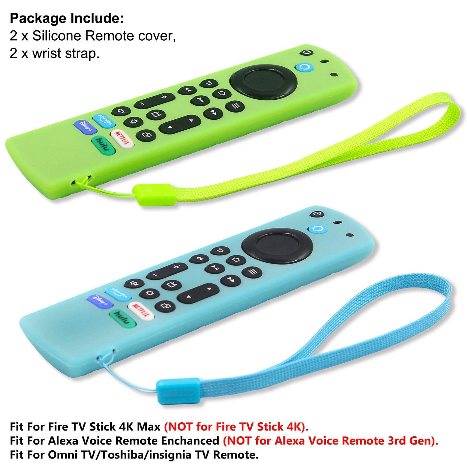Zwei Fernbedienungen, grün und blau, mit Handschlaufen, die die Kompatibilität mit verschiedenen Fire TV Stick-Modellen hervorheben.