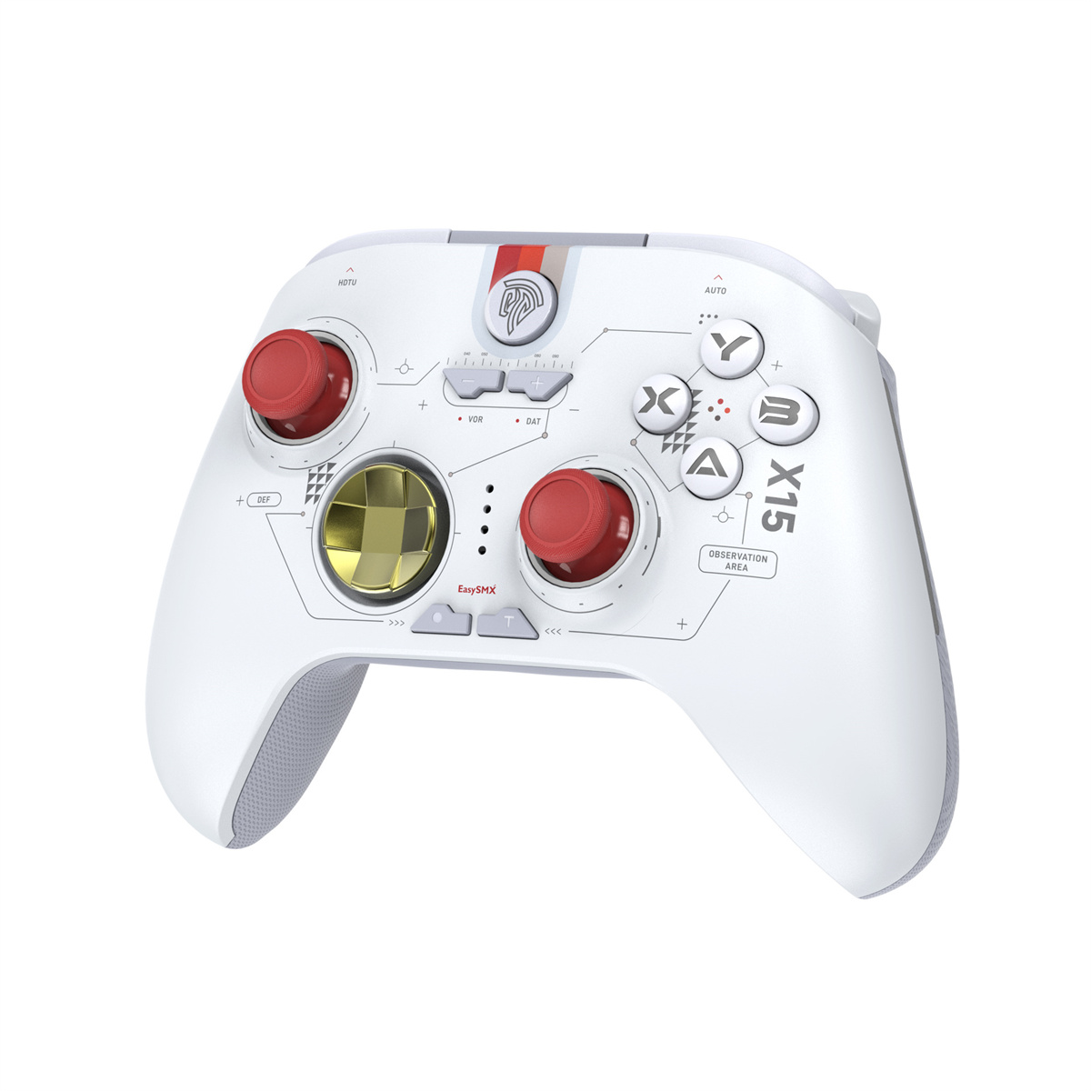 Ein weißer EasySMX X15 Gaming-Controller mit roten und goldenen Akzenten, der in einem leichten Winkel zu sehen ist.