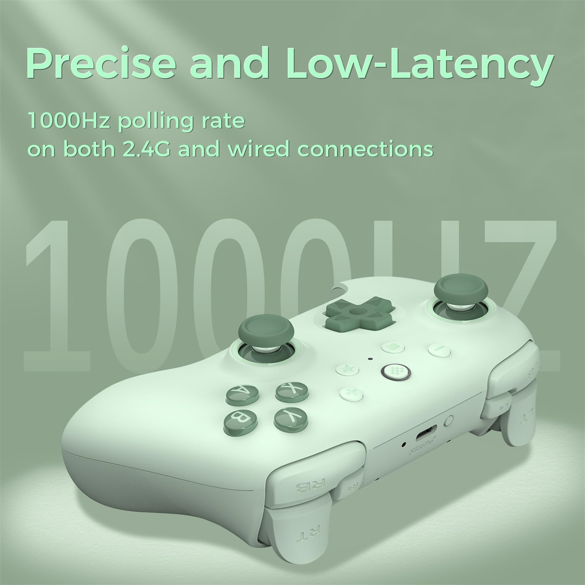 Ein weißer Gamecontroller mit Knöpfen und Joysticks. Der Text lautet präzise und geringe Latenz.
