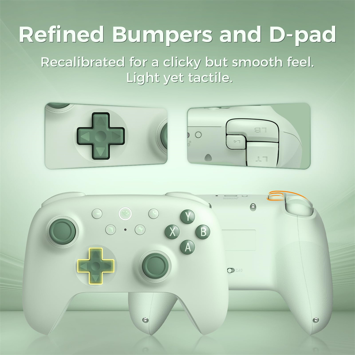 Ein weißer Gamecontroller, vorne und hinten. Text sagt Refined Bumpers and D-pad.