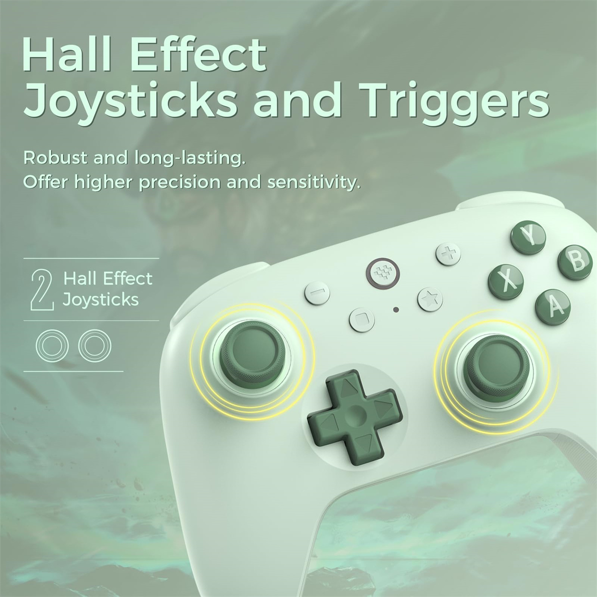 Ein weißer Gamecontroller, Nahaufnahme. Er hat zwei Joysticks und ein Steuerkreuz. Text sagt Hall Effect Joysticks.