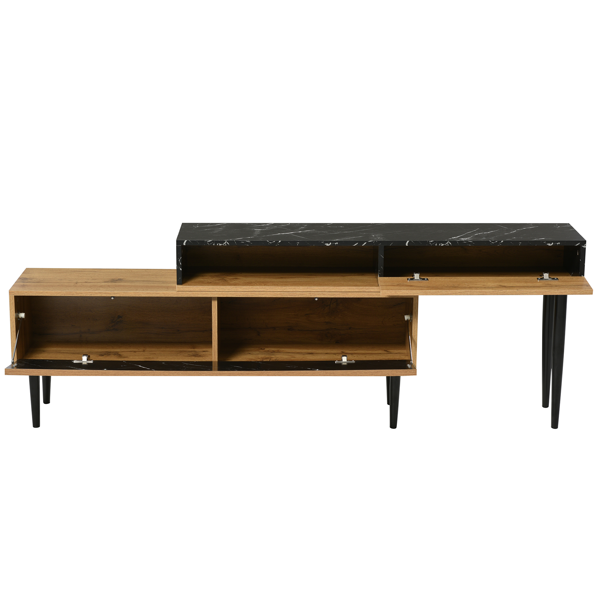 Holzschrank mit schwarzer Marmorplatte. Türen sind offen und zeigen die Innenseite. Schwarze Beine stützen den Schrank.
