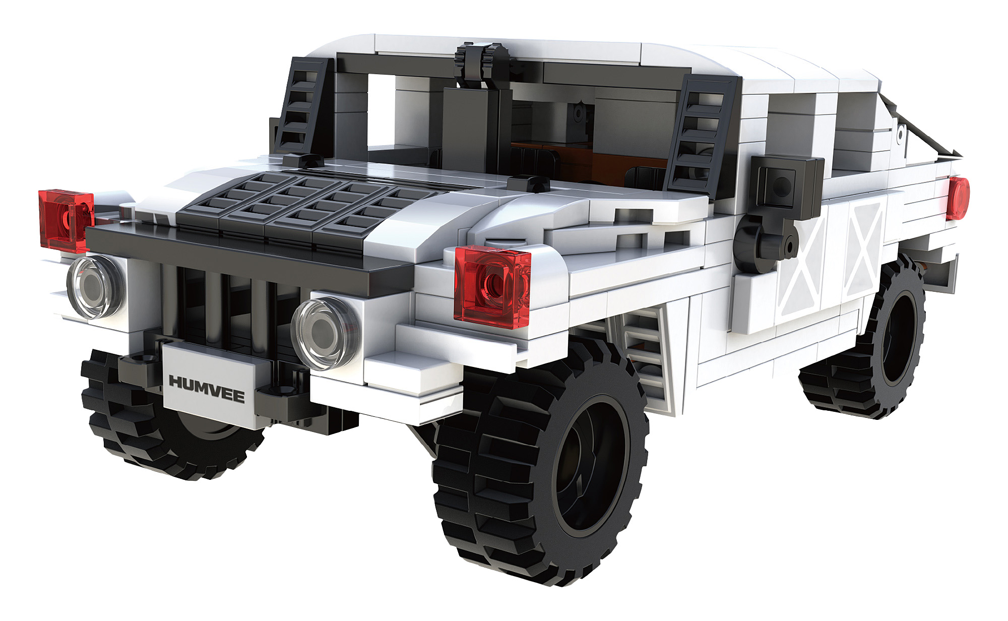 Ein weißes Spielzeug-Humvee. Das Spielzeug besteht aus Blöcken. Das Spielzeug hat das Wort Humvee vorne.